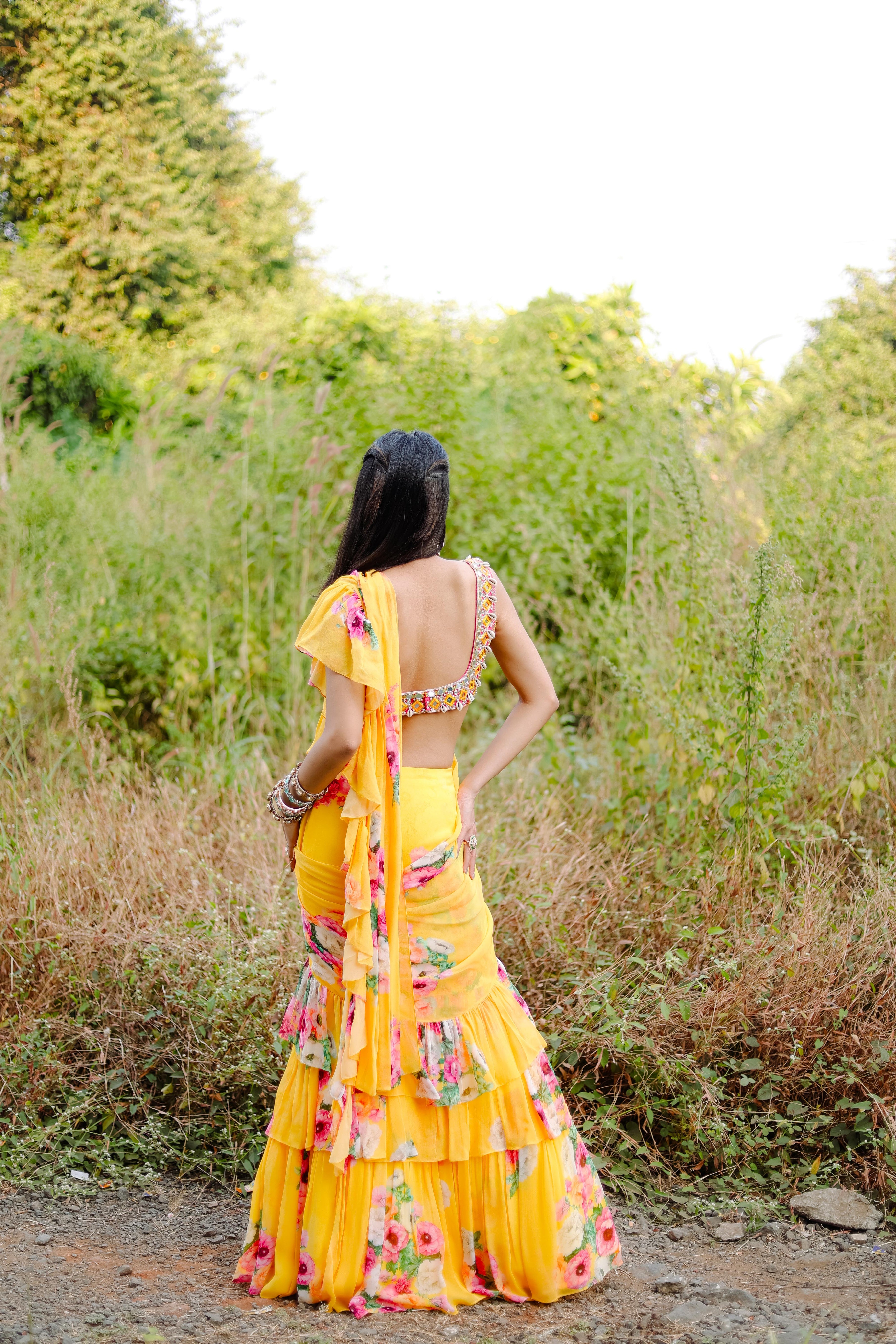 Yellow  Floral Printed Ruffle Pre-Draped Saree Set