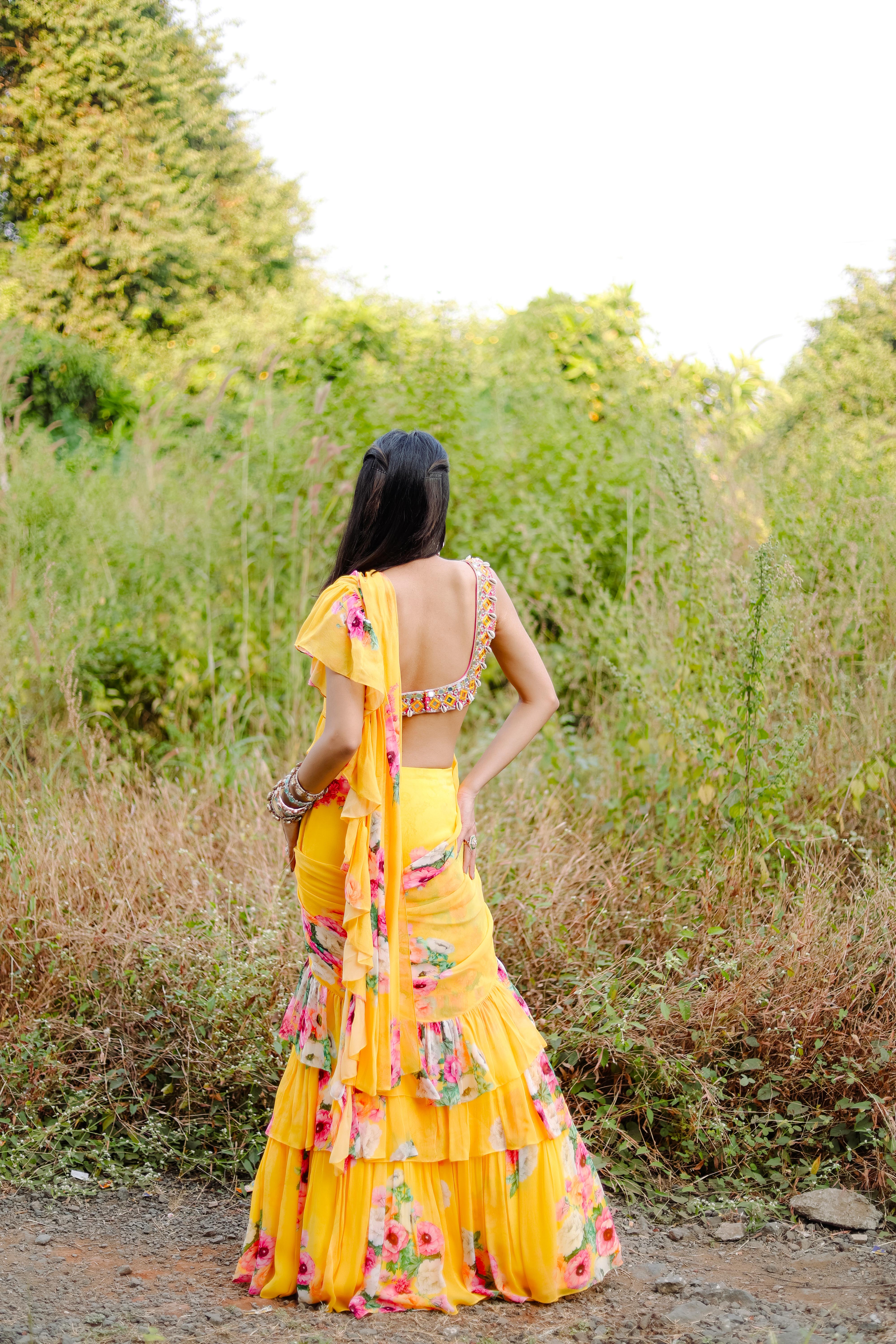 Yellow  Floral Printed Ruffle Pre-Draped Saree Set