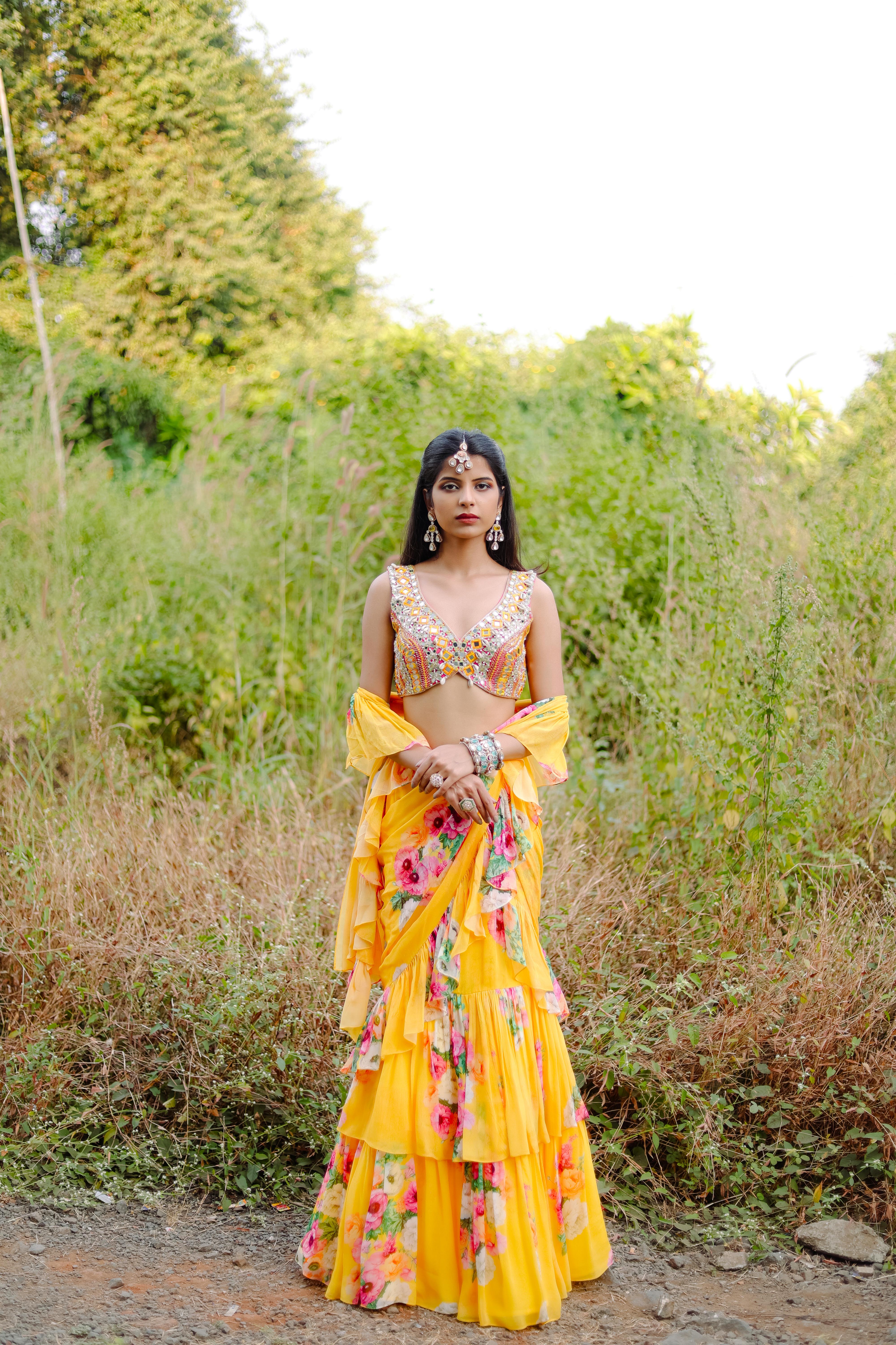 Yellow  Floral Printed Ruffle Pre-Draped Saree Set