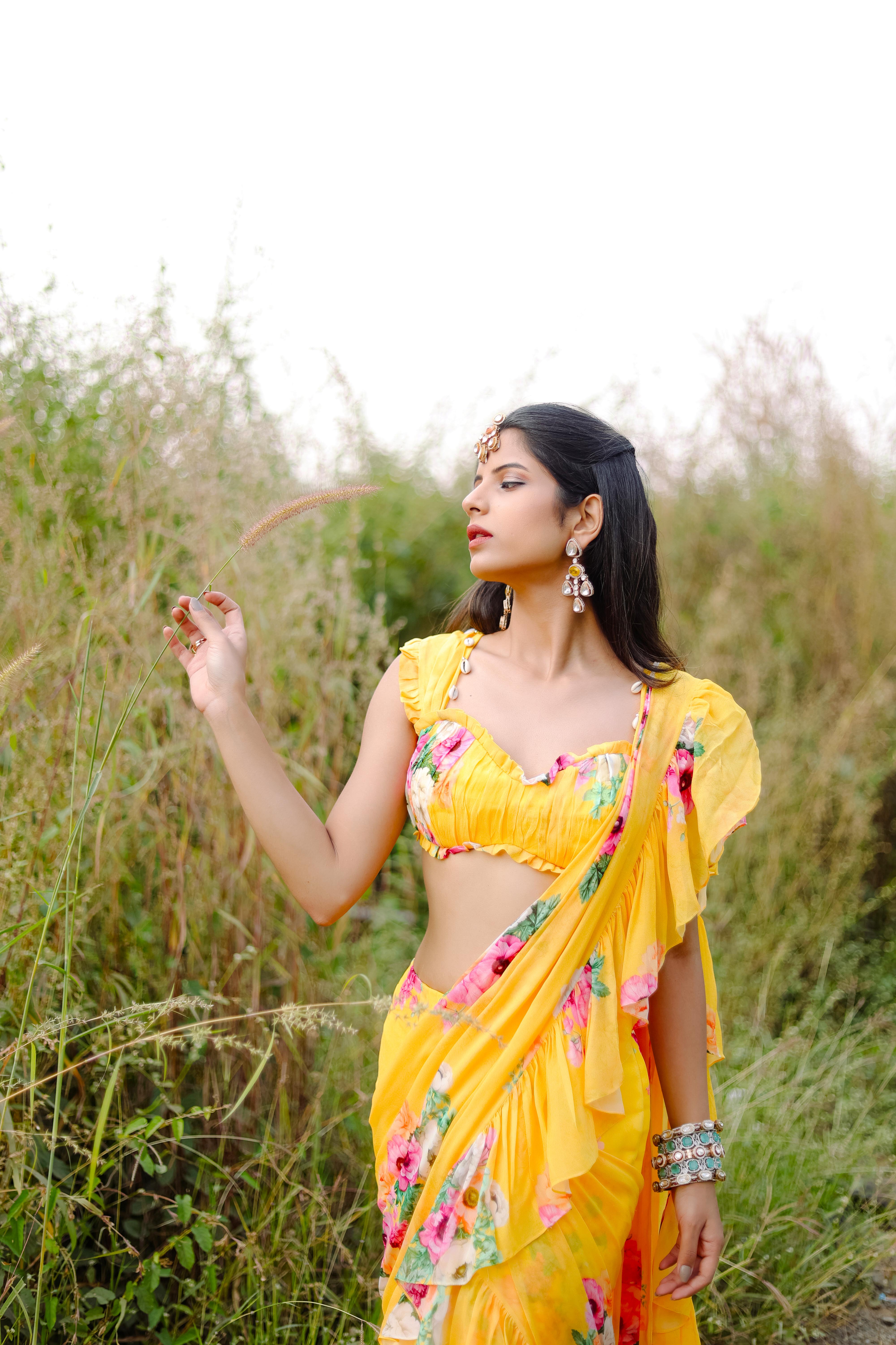 Yellow Floral  printed Pre-Draped  Ruffle Saree Set