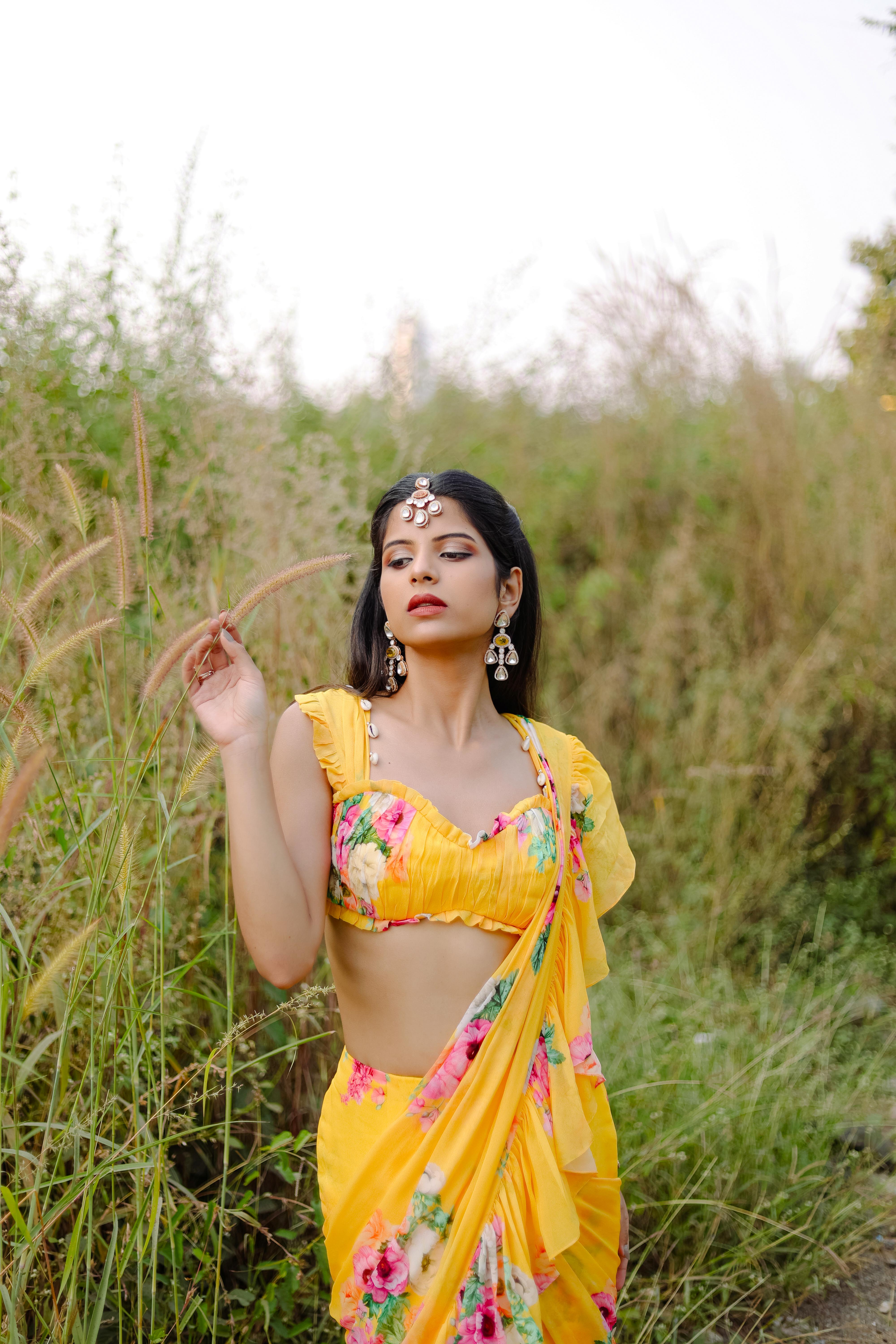 Yellow  Floral Printed Ruffle Pre-Draped Saree Set