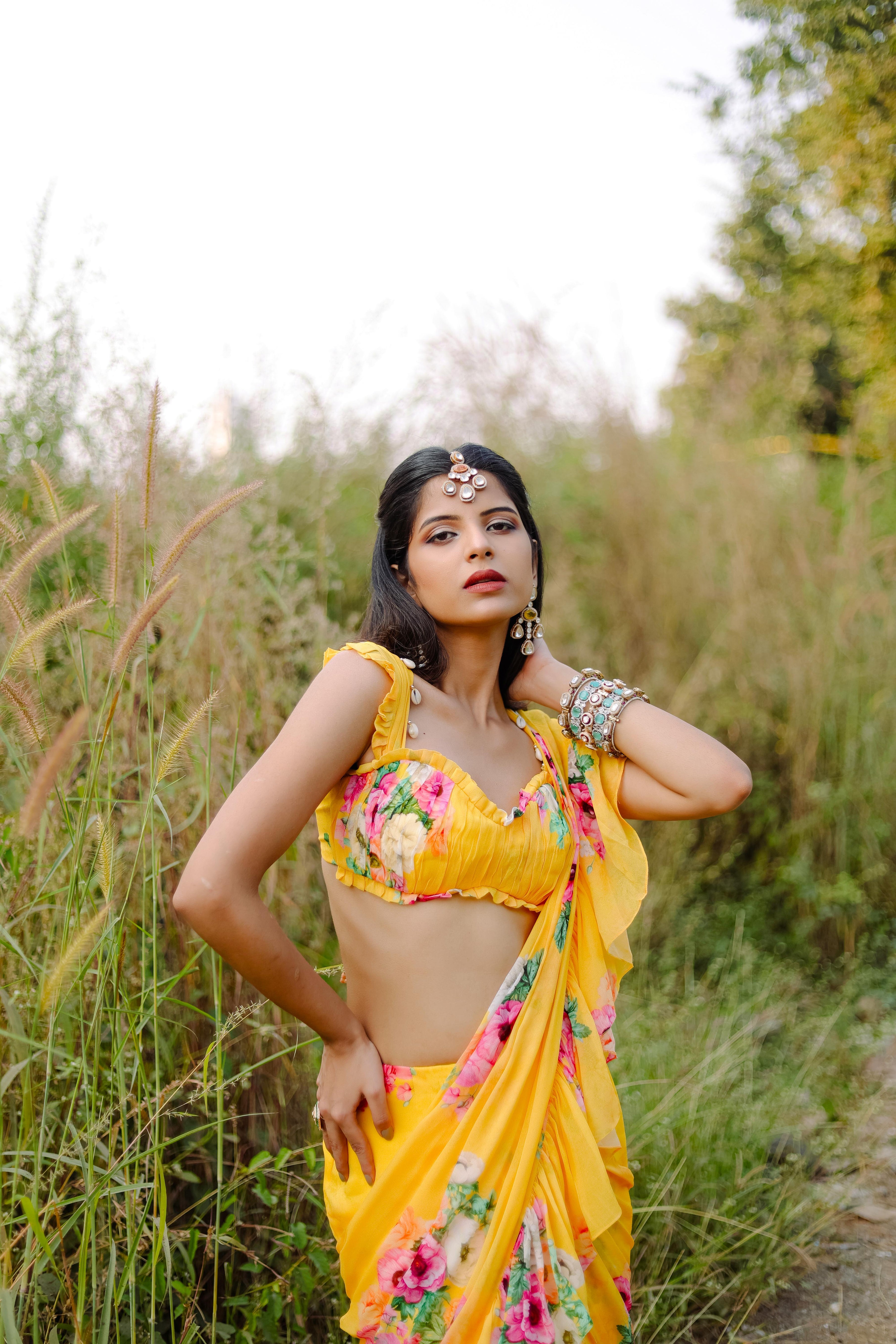 Yellow Floral  printed Pre-Draped  Ruffle Saree Set