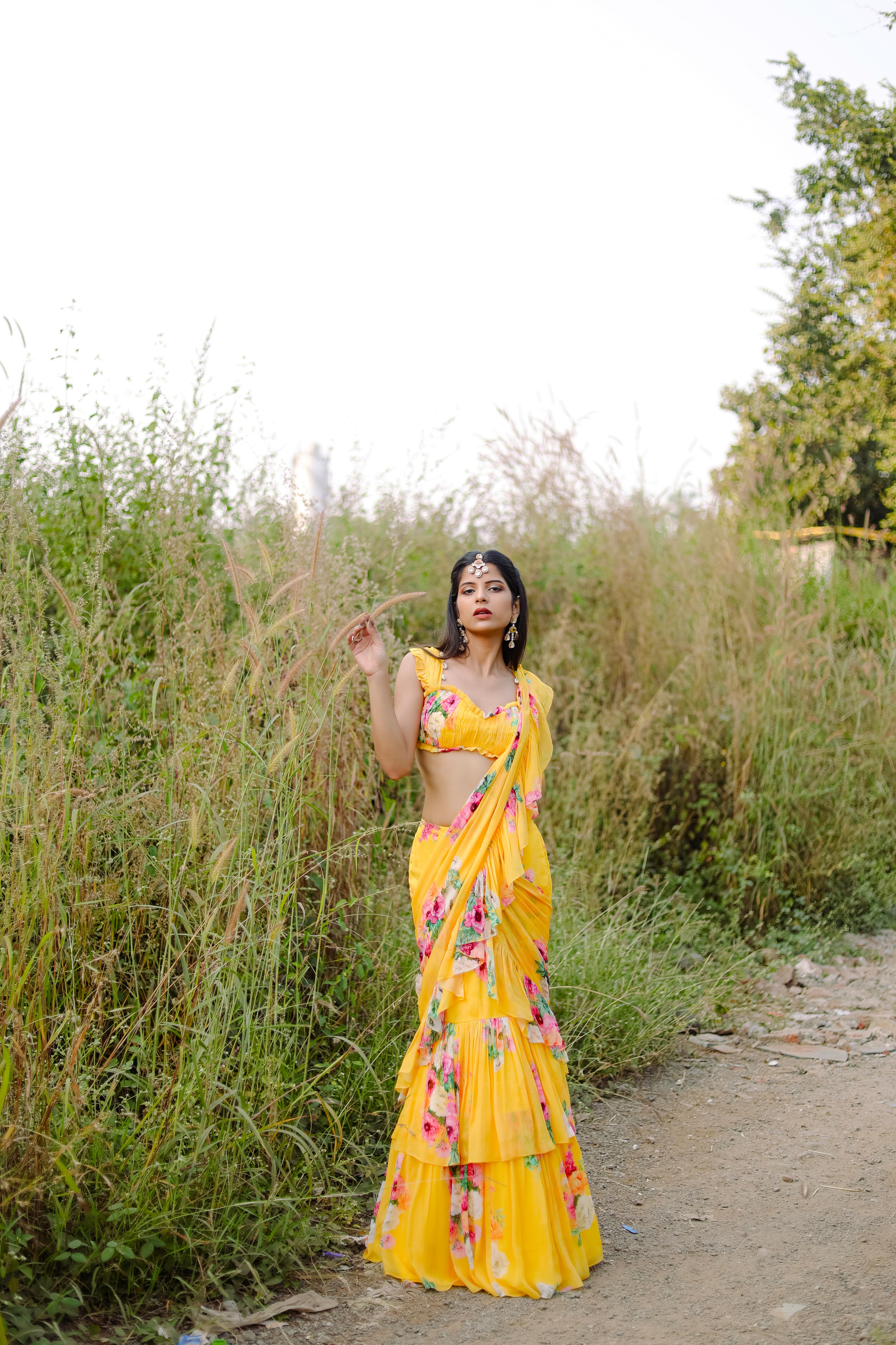 Yellow Floral  printed Pre-Draped  Ruffle Saree Set