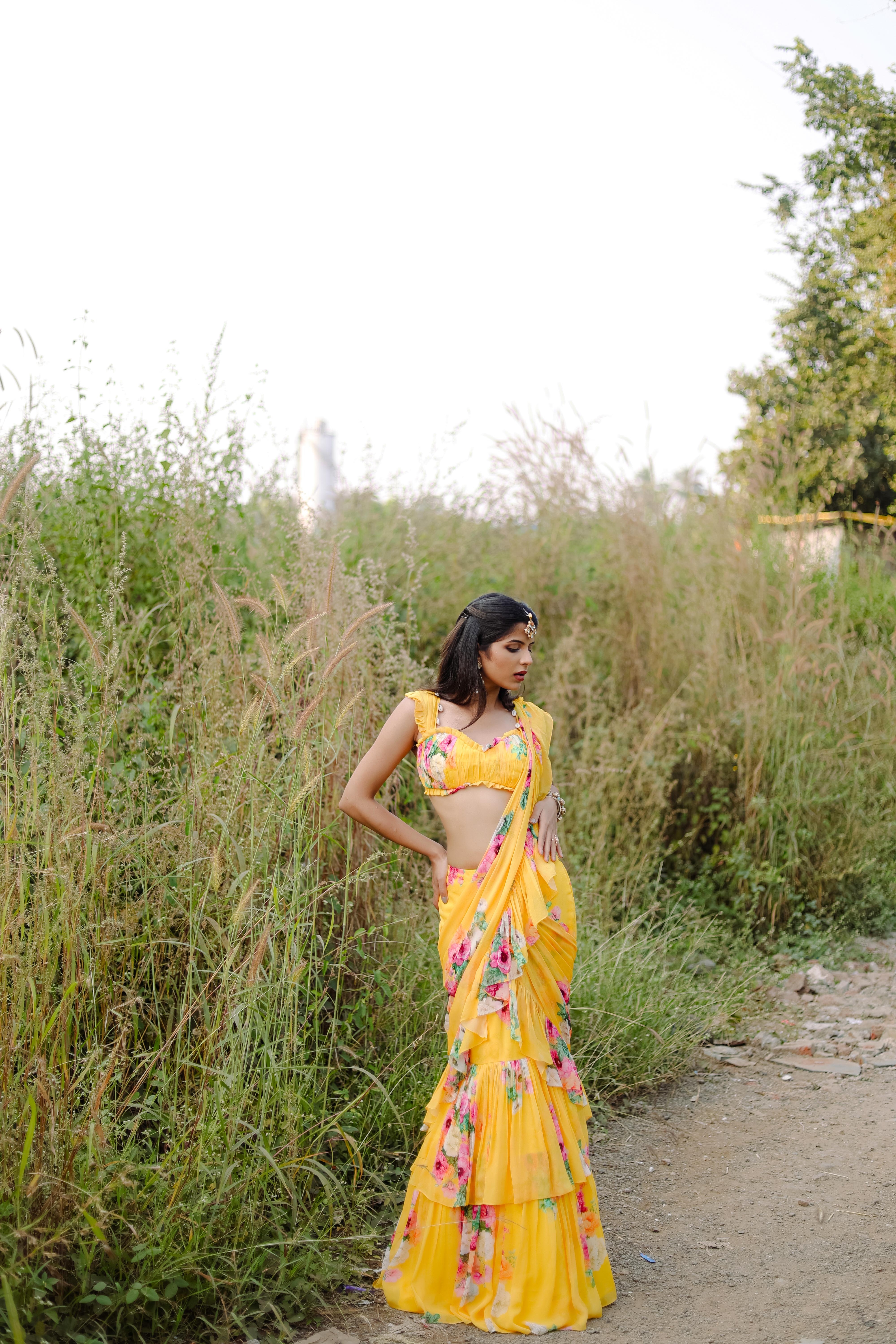 Yellow Floral  printed Pre-Draped  Ruffle Saree Set