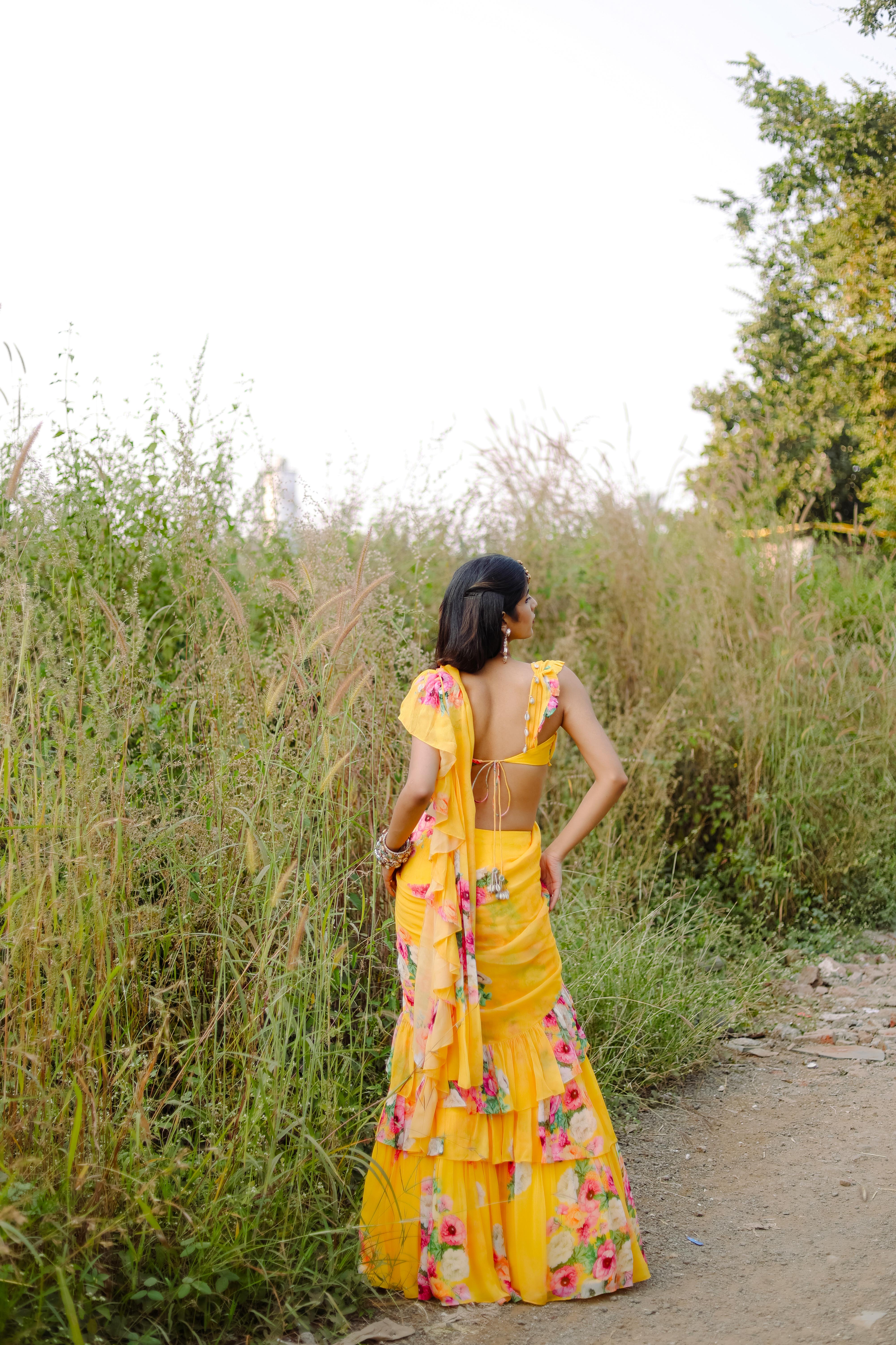 Yellow  Floral Printed Ruffle Pre-Draped Saree Set