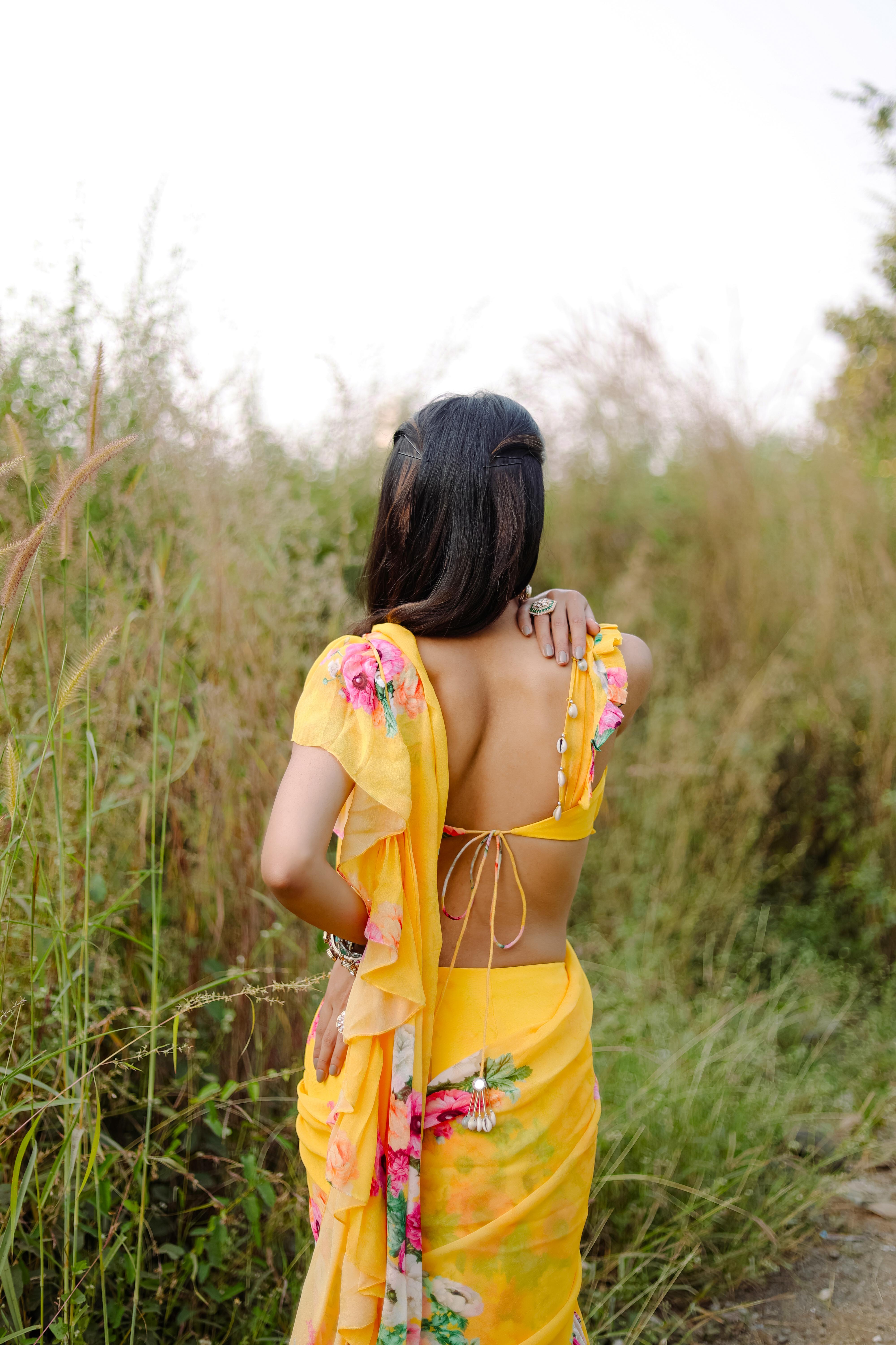 Yellow  Floral Printed Ruffle Pre-Draped Saree Set