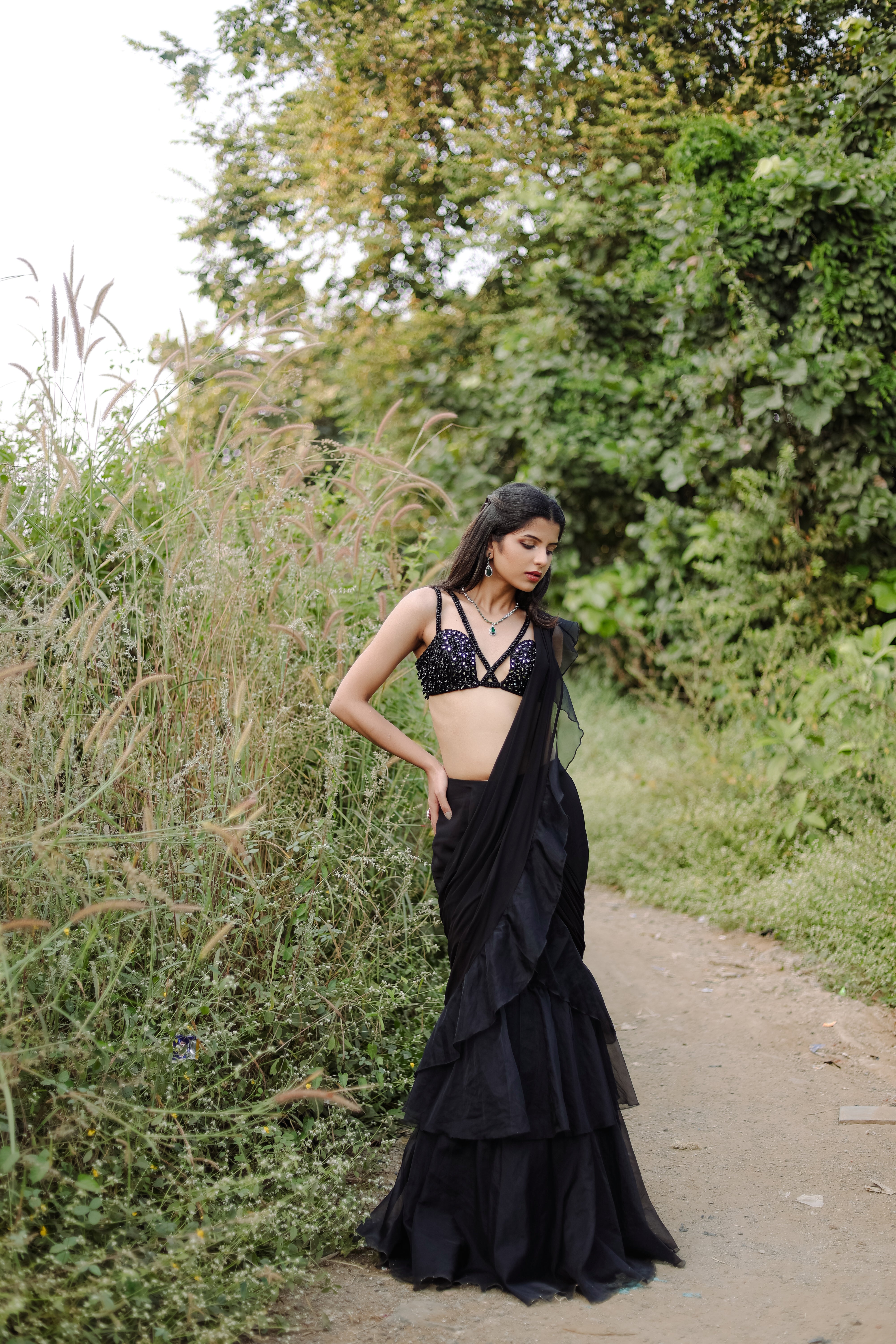 Black  Embroidered Ruffle Pre-Draped  Saree Set