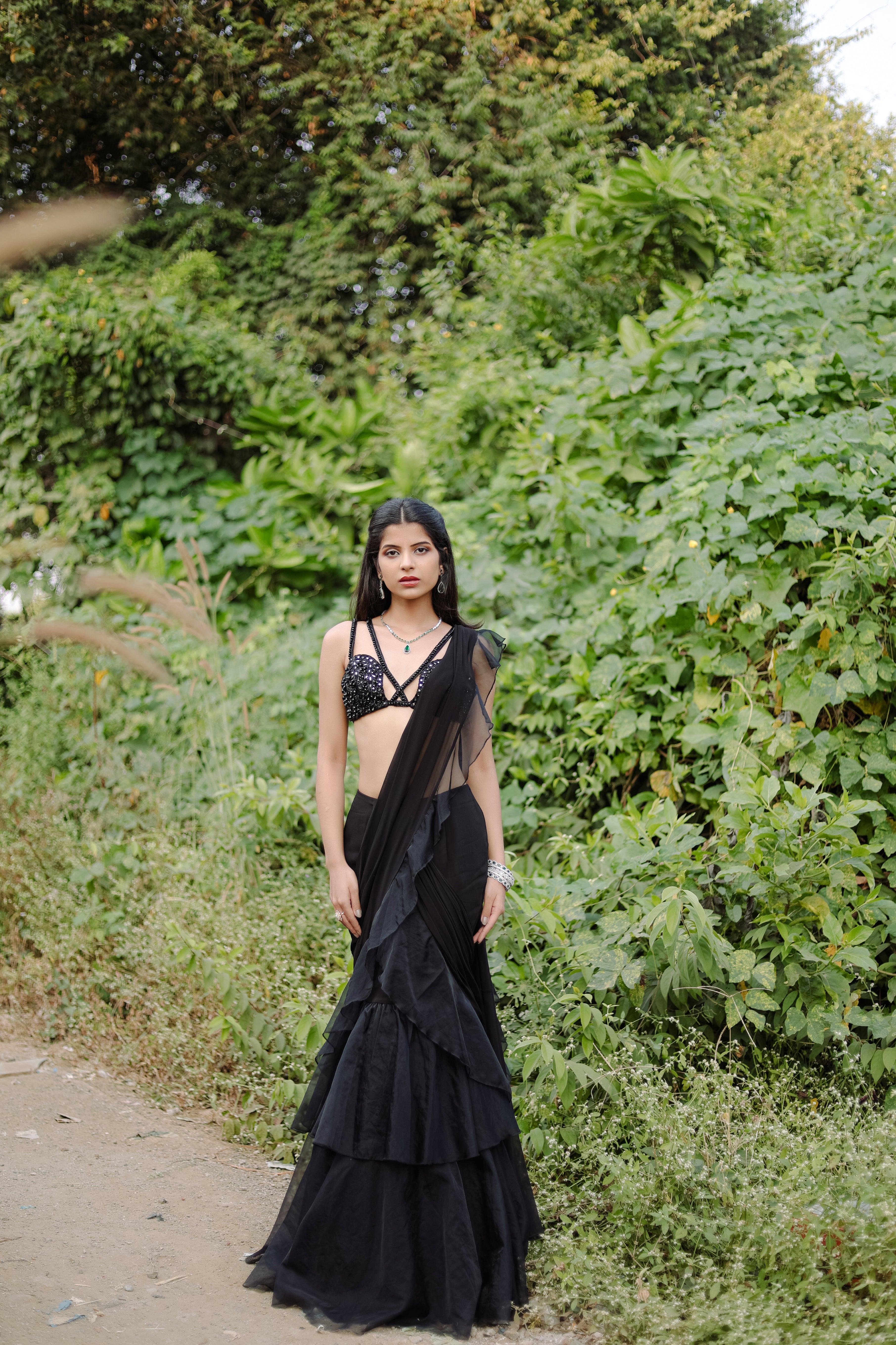 Black  Embroidered Ruffle Pre-Draped  Saree Set