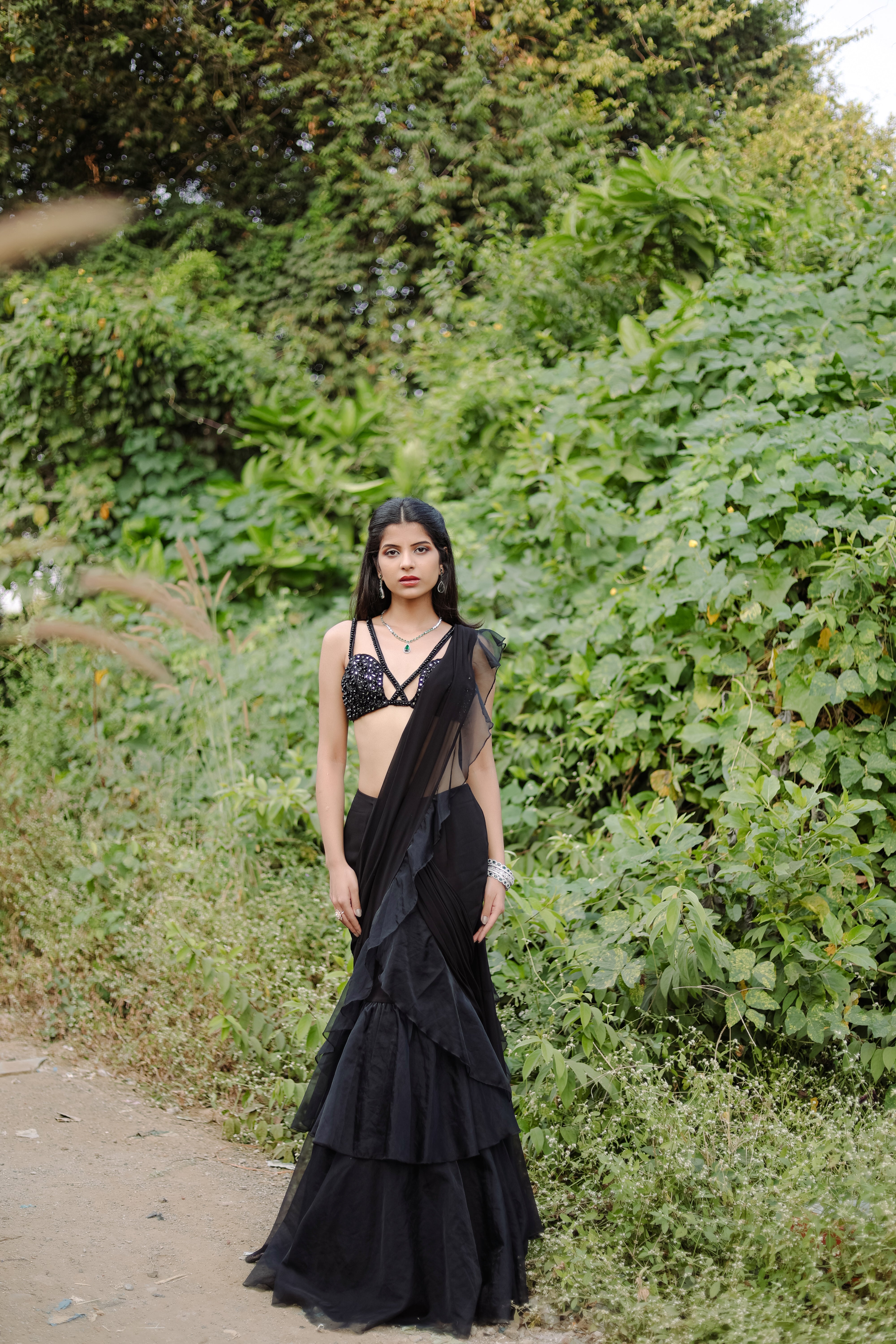 Black  Embroidered Ruffle Pre-Draped  Saree Set