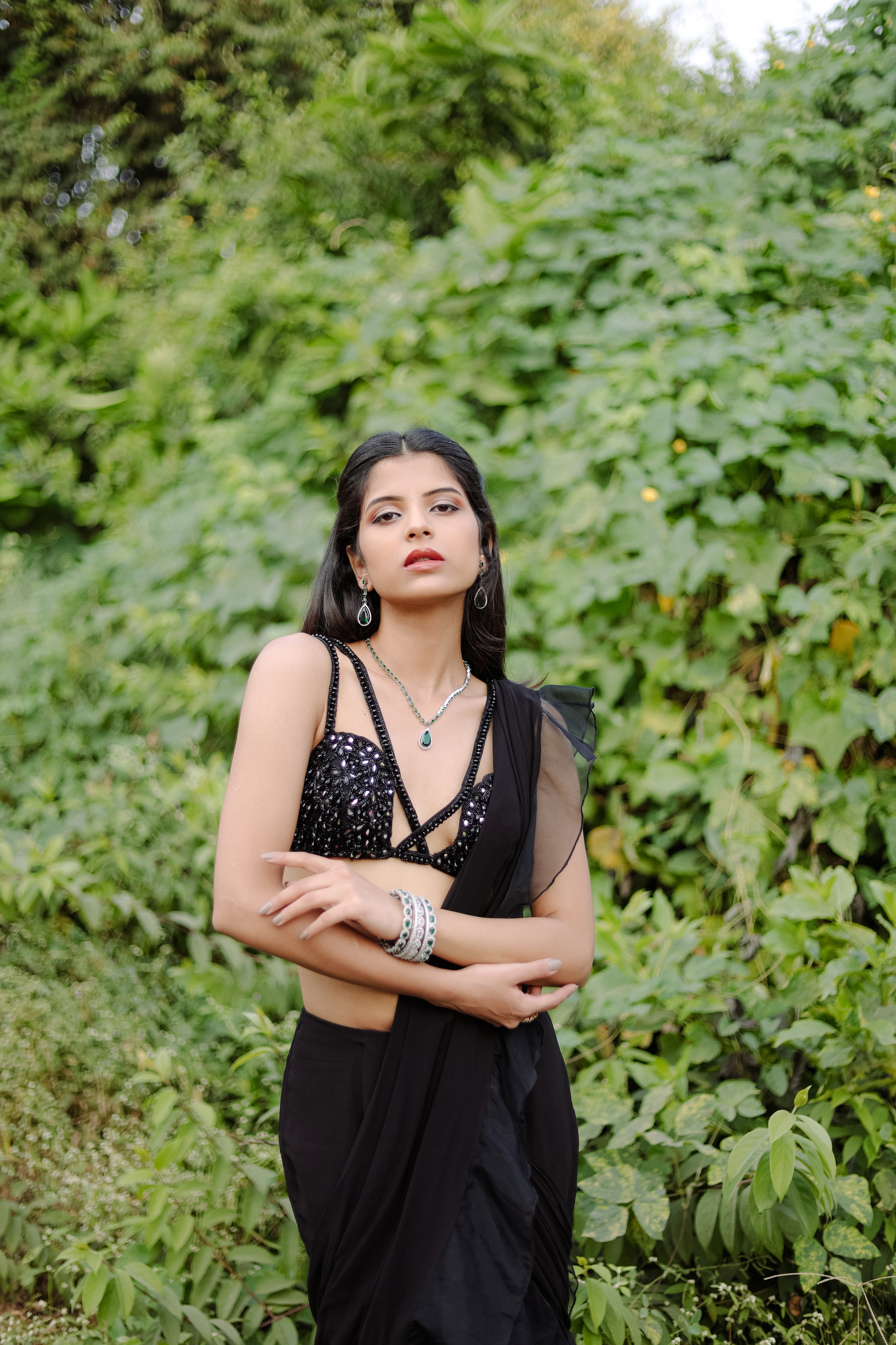 Black  Embroidered Ruffle Pre-Draped  Saree Set