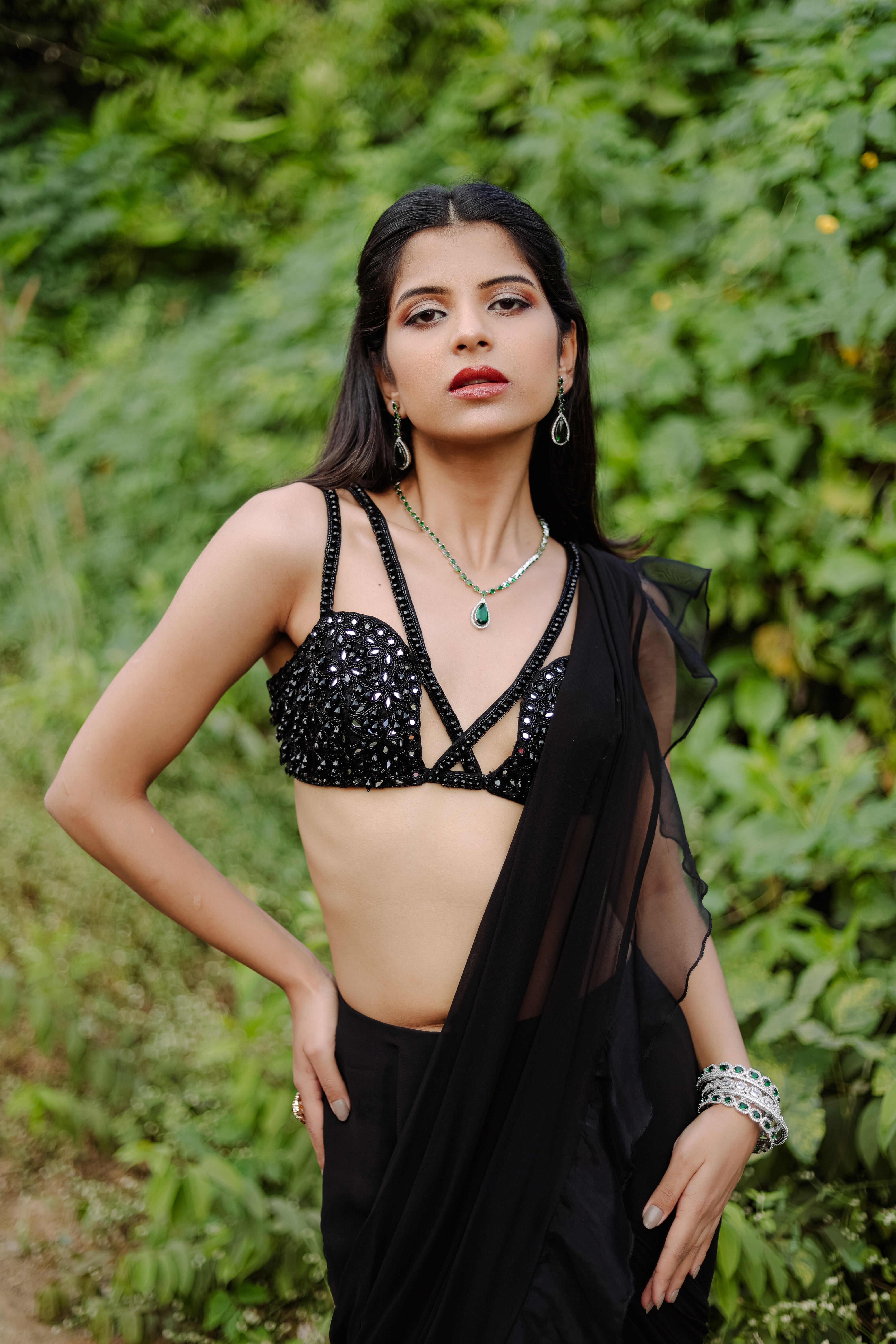 Black  Embroidered Ruffle Pre-Draped  Saree Set