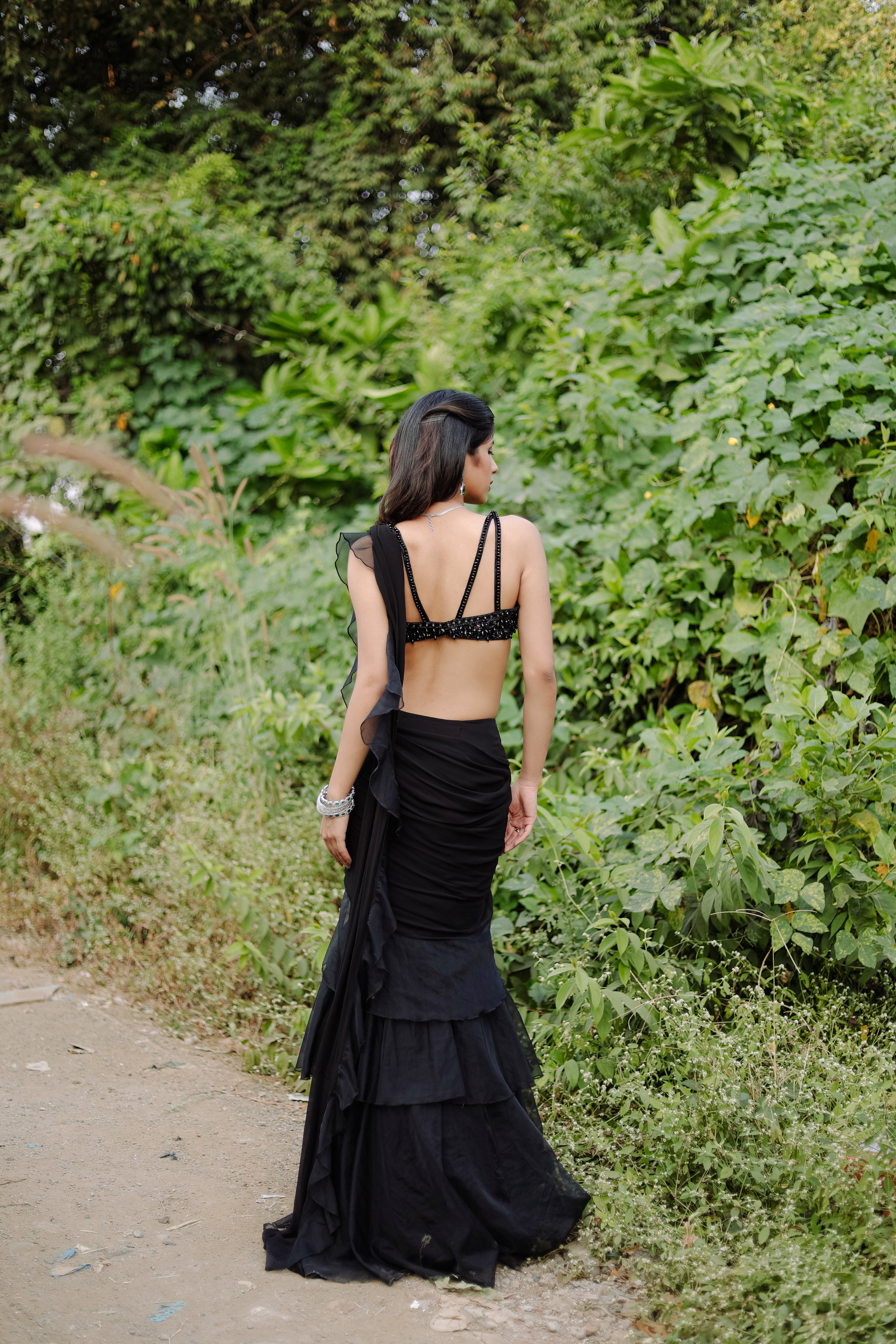 Black  Embroidered Ruffle Pre-Draped  Saree Set