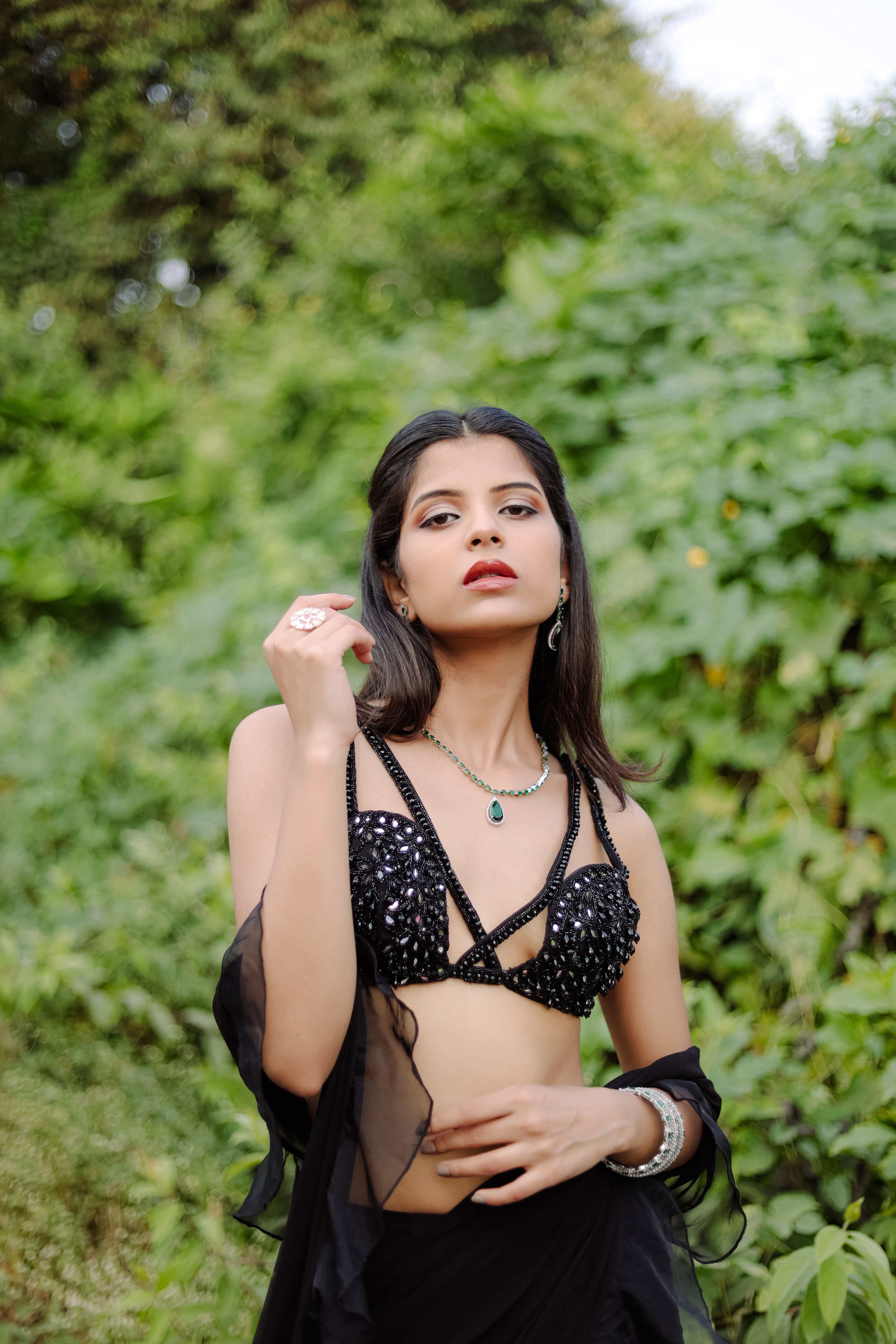 Black  Embroidered Ruffle Pre-Draped  Saree Set