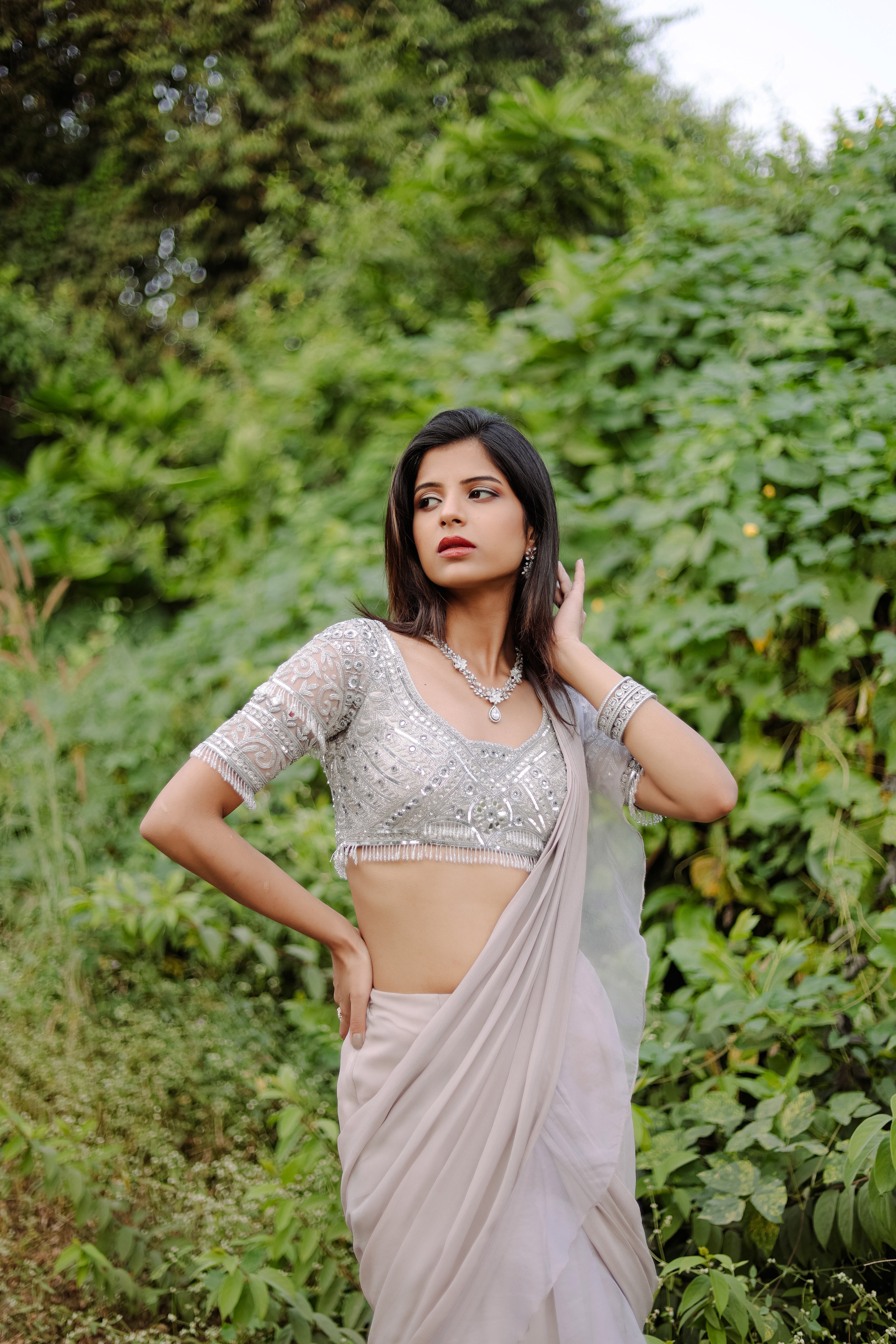 Grey  Embroidered Ruffle Pre-Draped  Saree Set