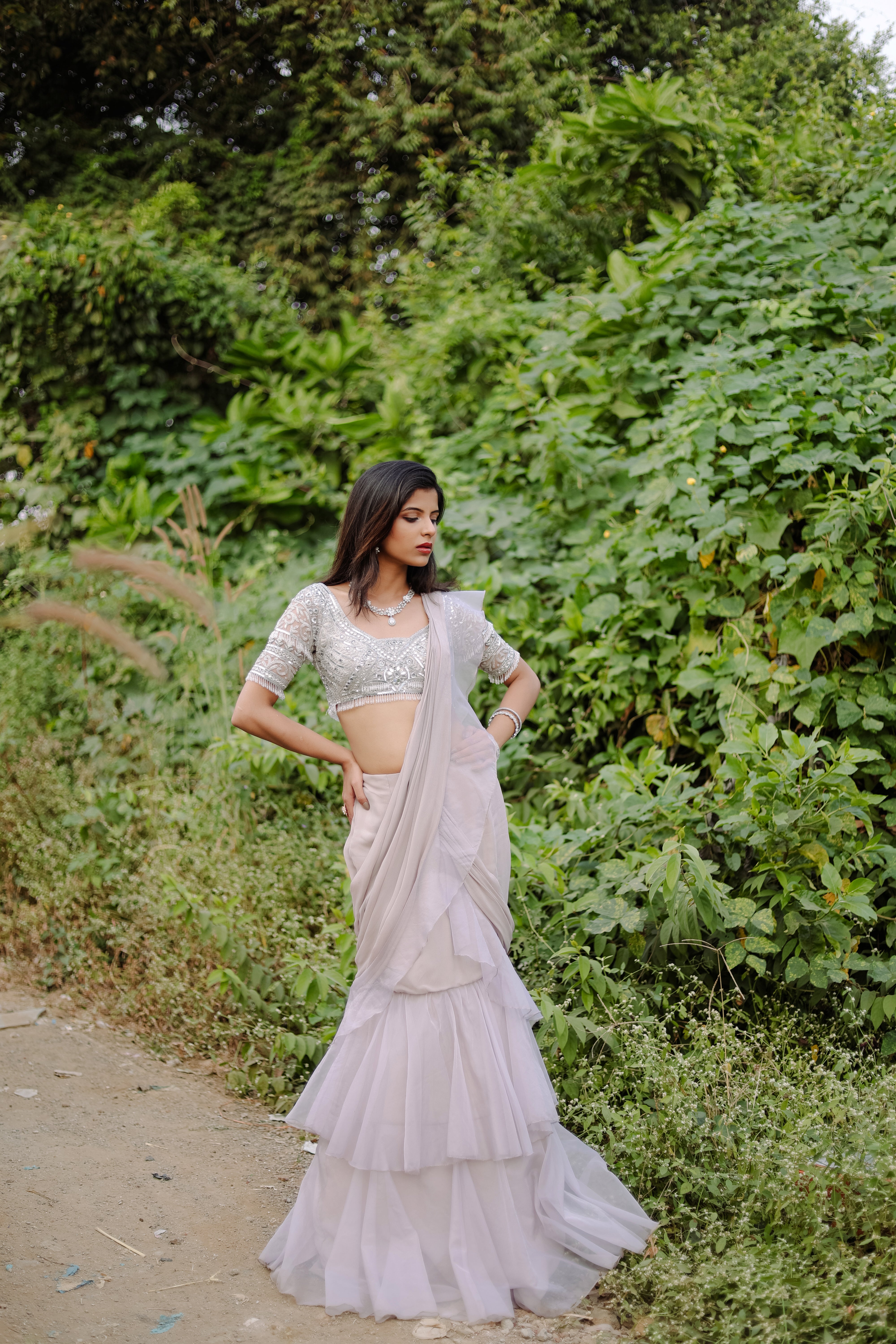 Grey  Embroidered Ruffle Pre-Draped  Saree Set