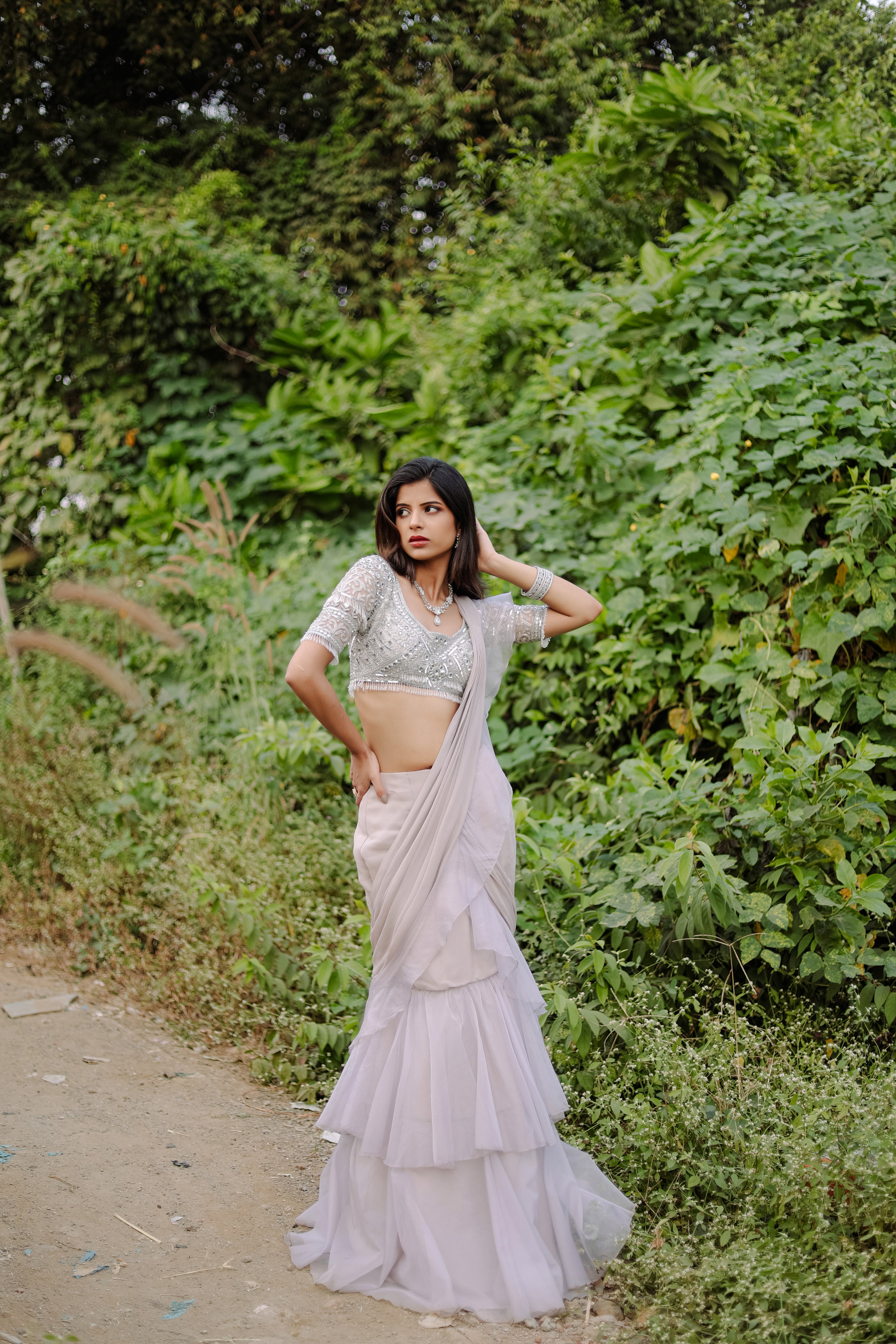 Grey  Embroidered Ruffle Pre-Draped  Saree Set