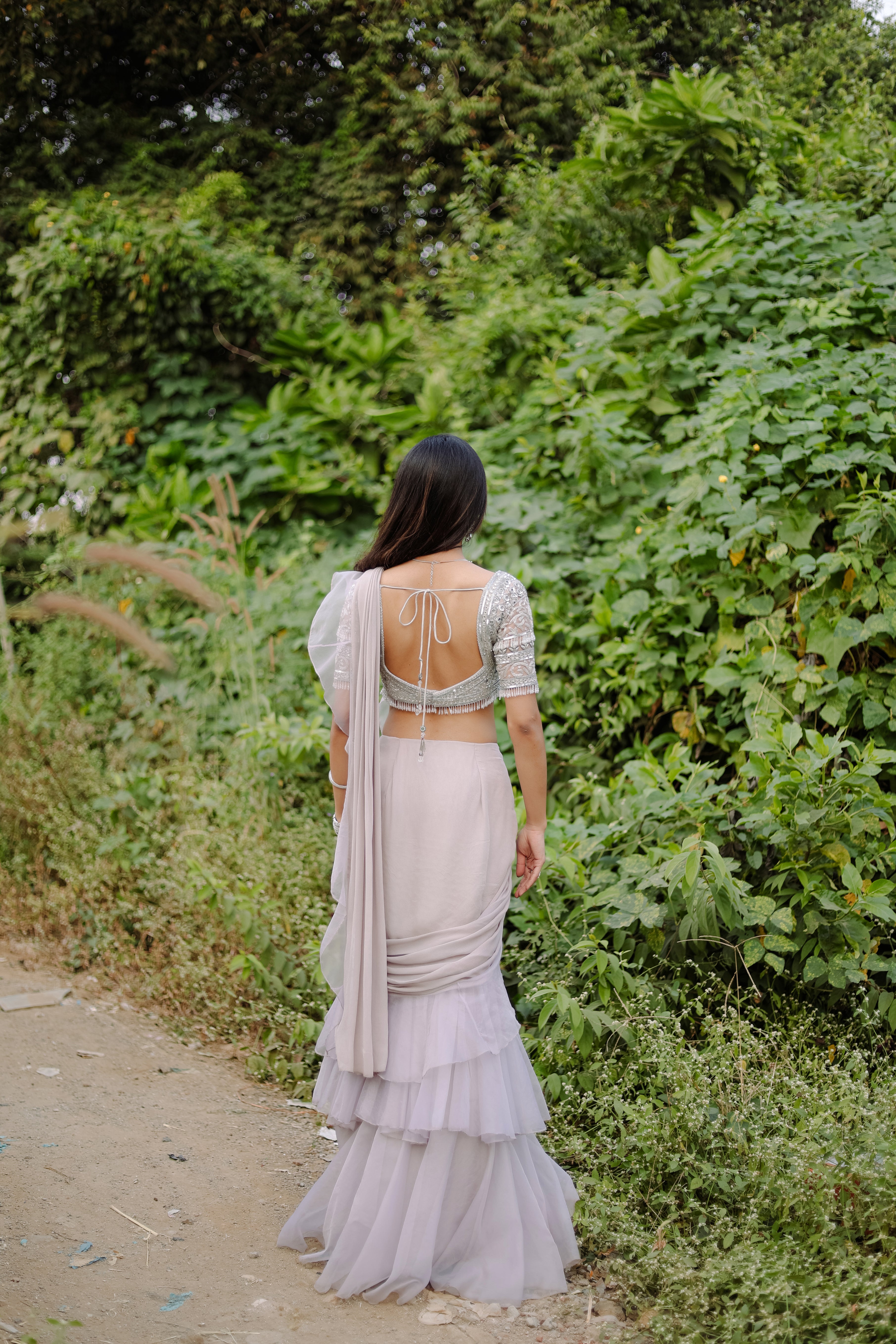 Grey  Embroidered Ruffle Pre-Draped  Saree Set