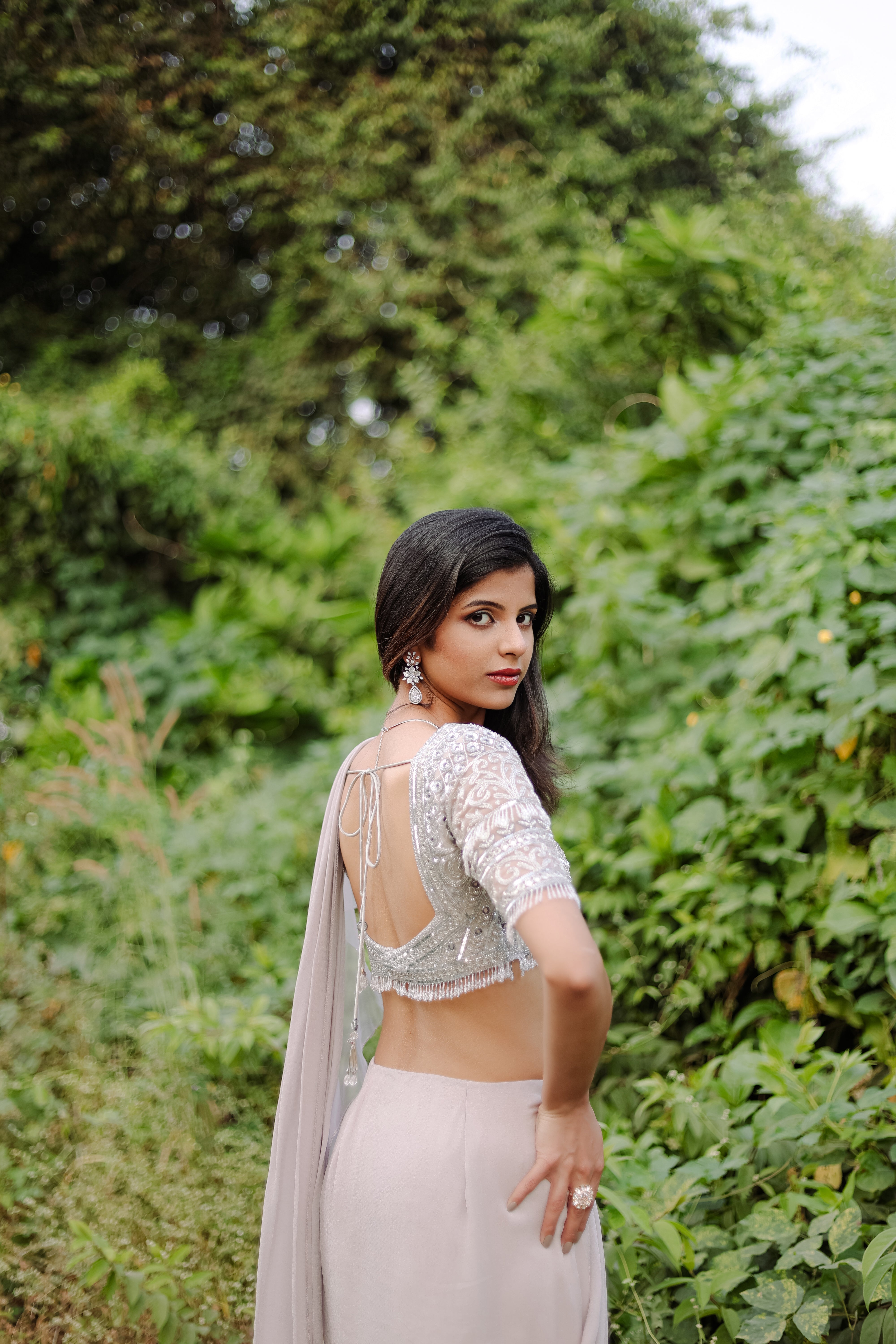 Grey  Embroidered Ruffle Pre-Draped  Saree Set