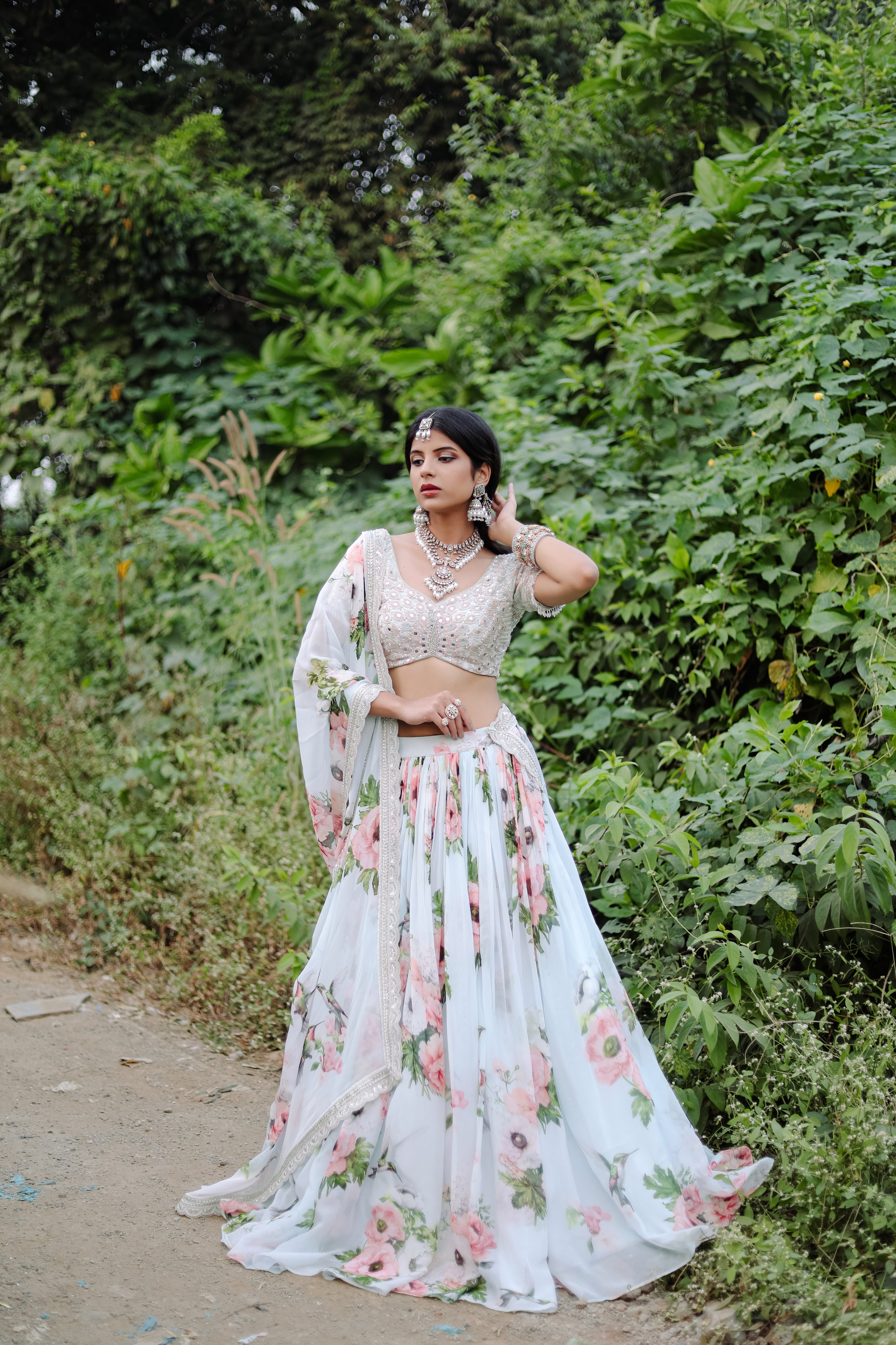 Sky Blue Floral  Printed  Lehenga Set