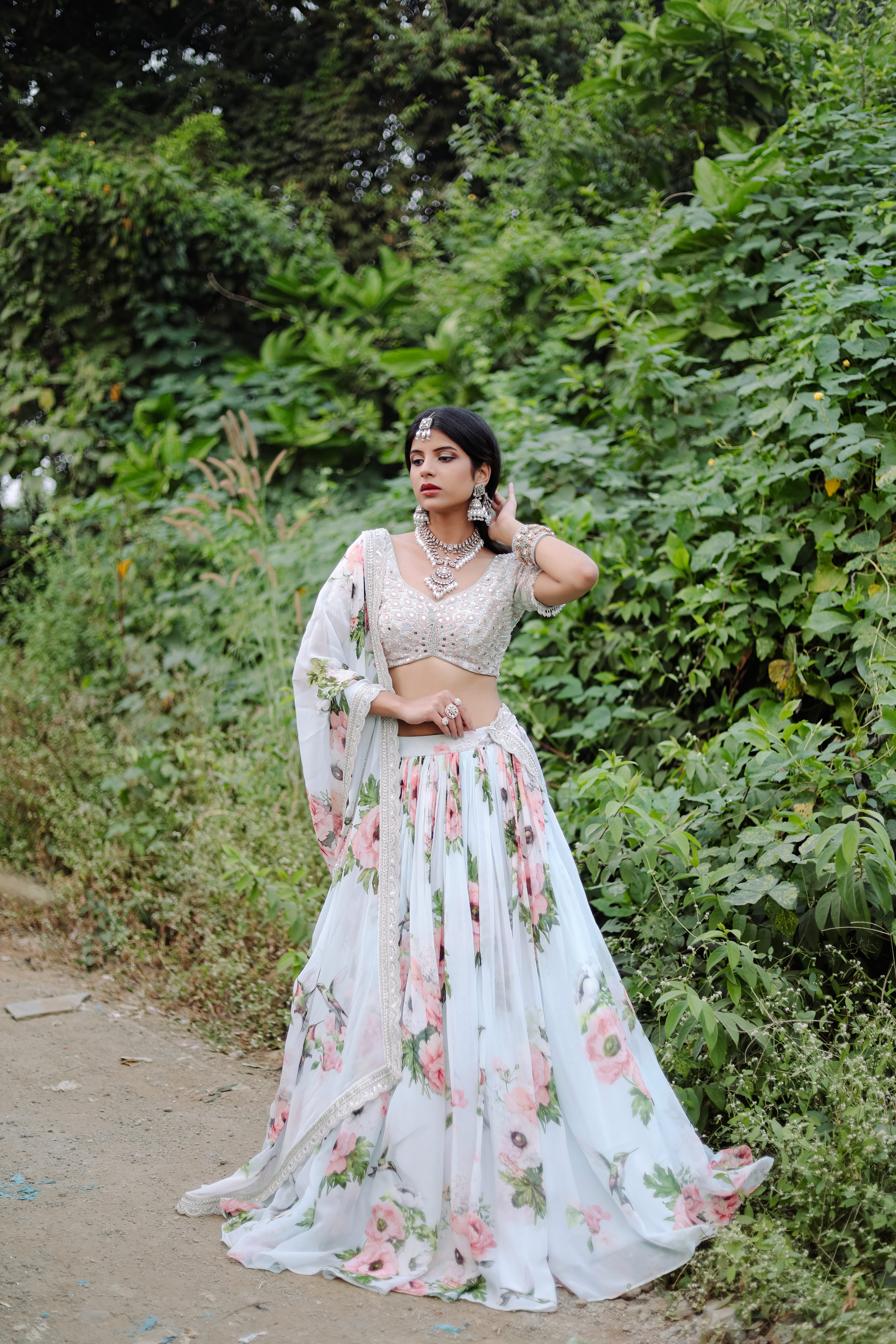 Sky Blue Floral  Printed  Lehenga Set
