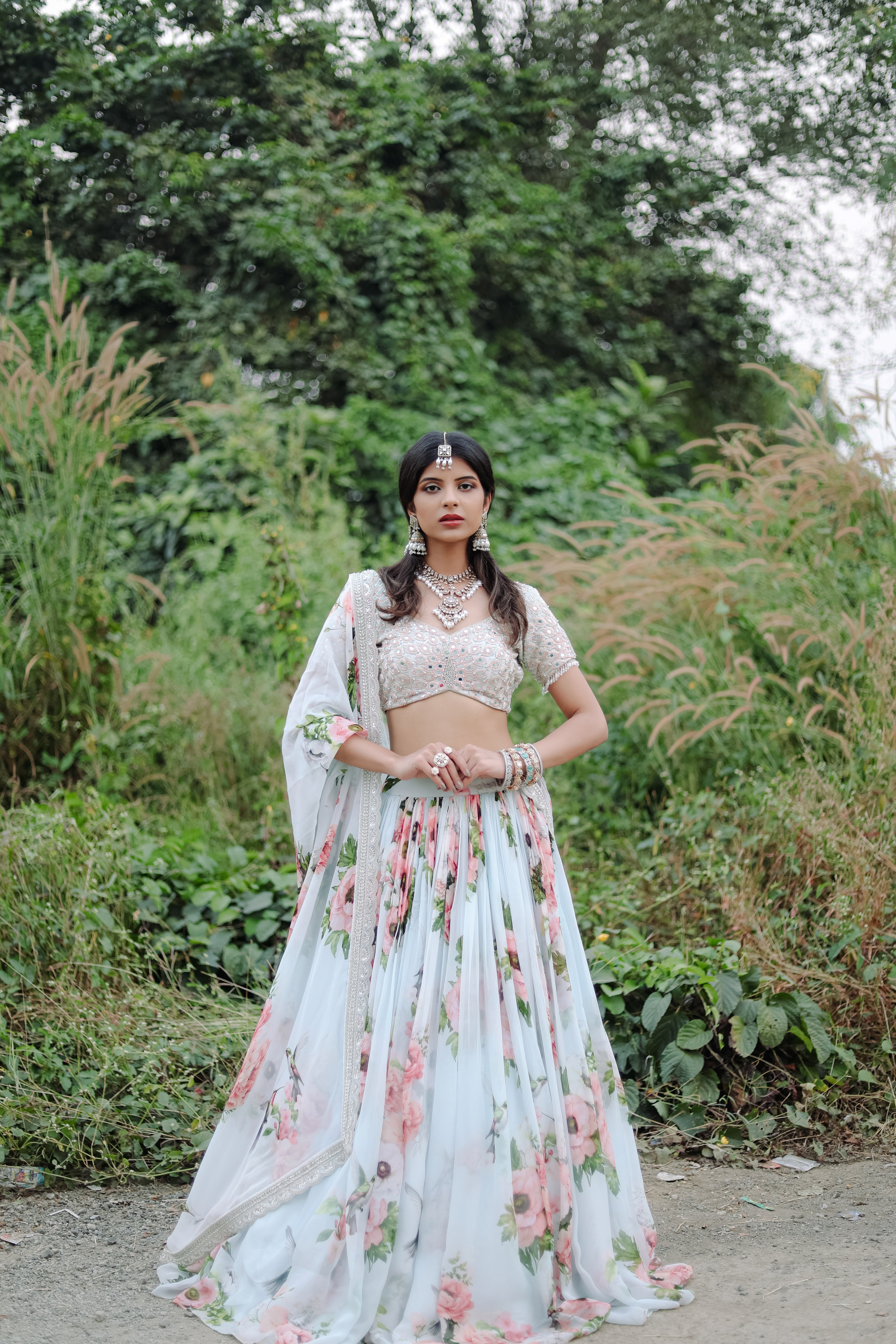 Sky Blue Floral  Printed  Lehenga Set (S)