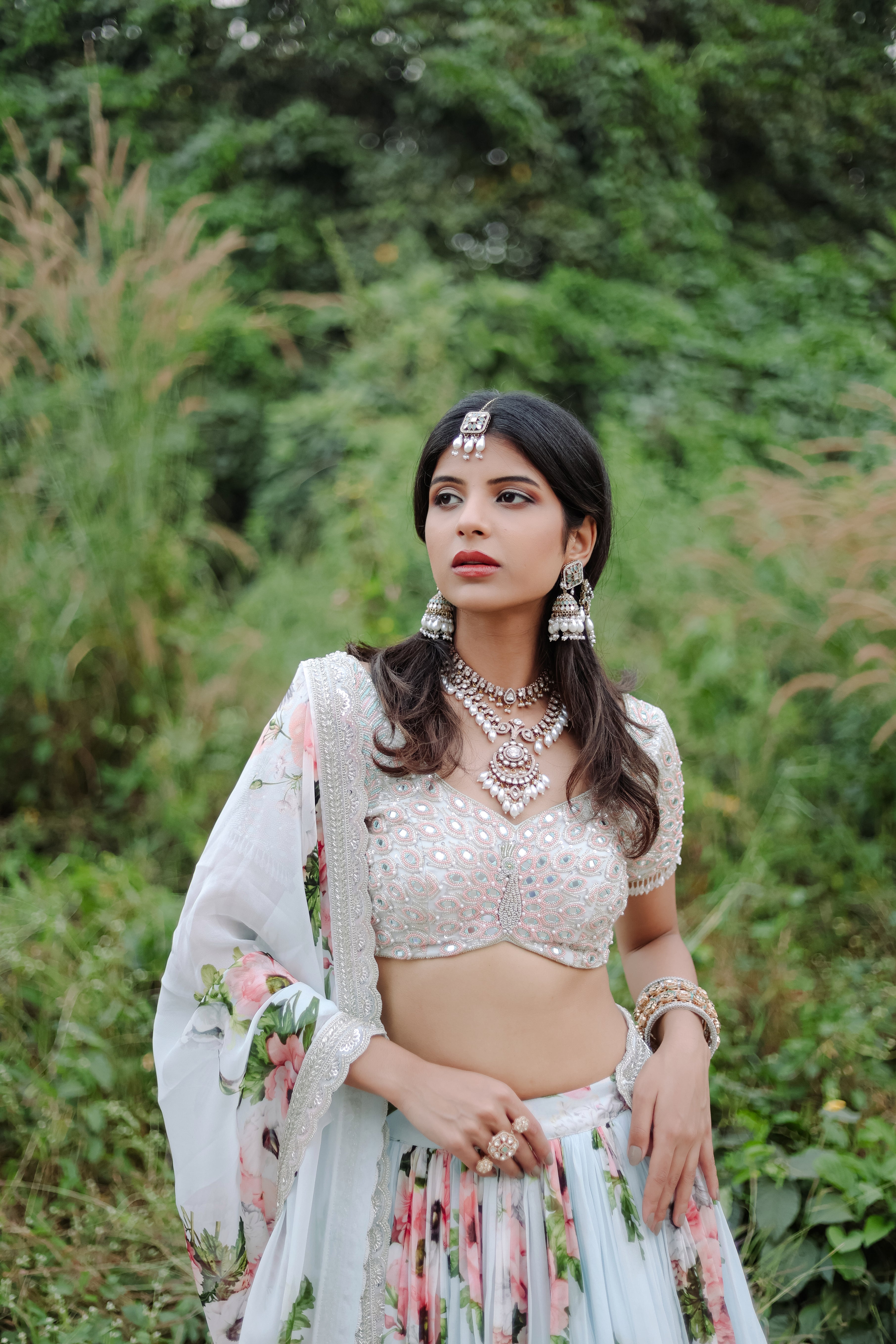 Sky Blue Floral  Printed  Lehenga Set