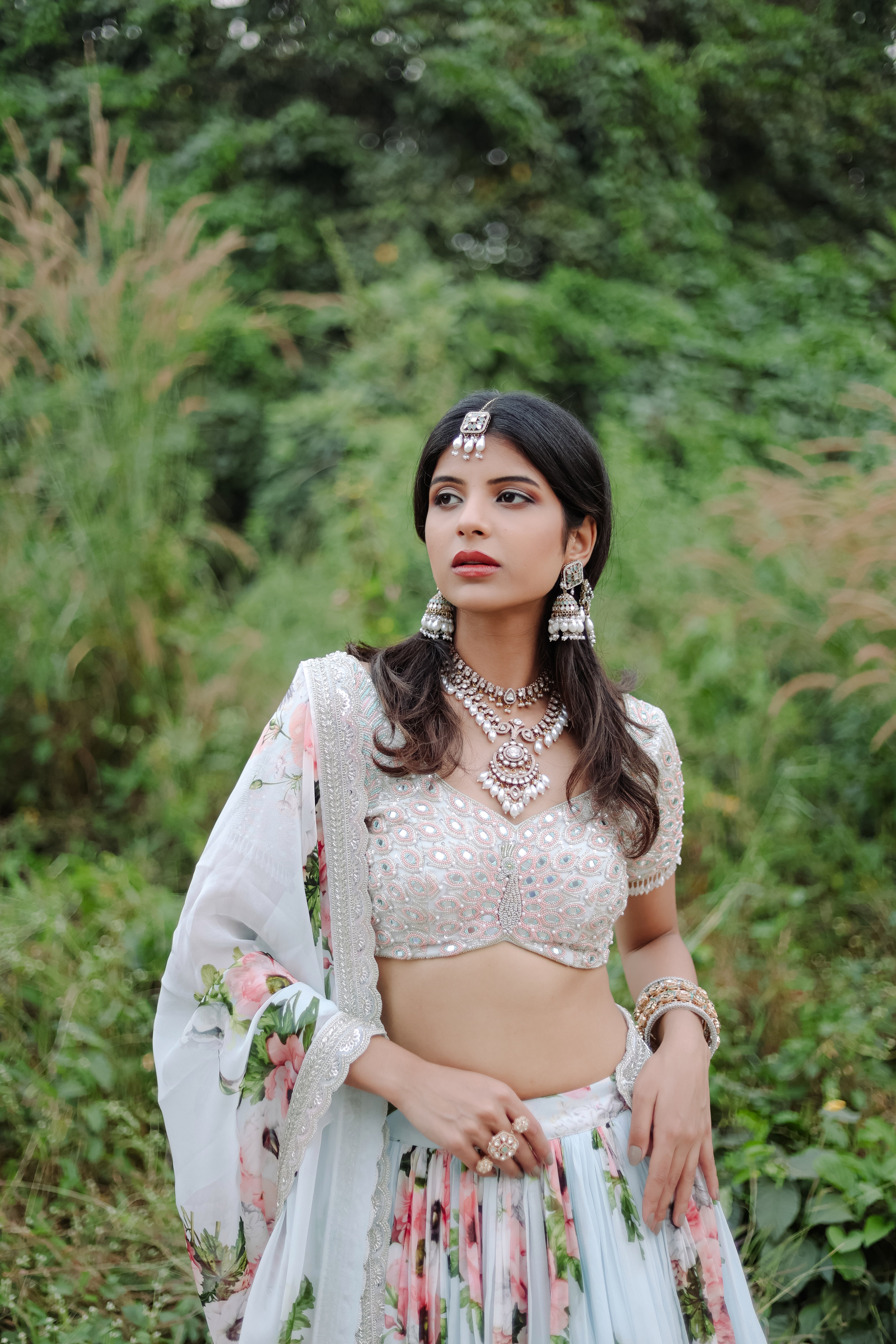 Sky Blue Floral  Printed  Lehenga Set