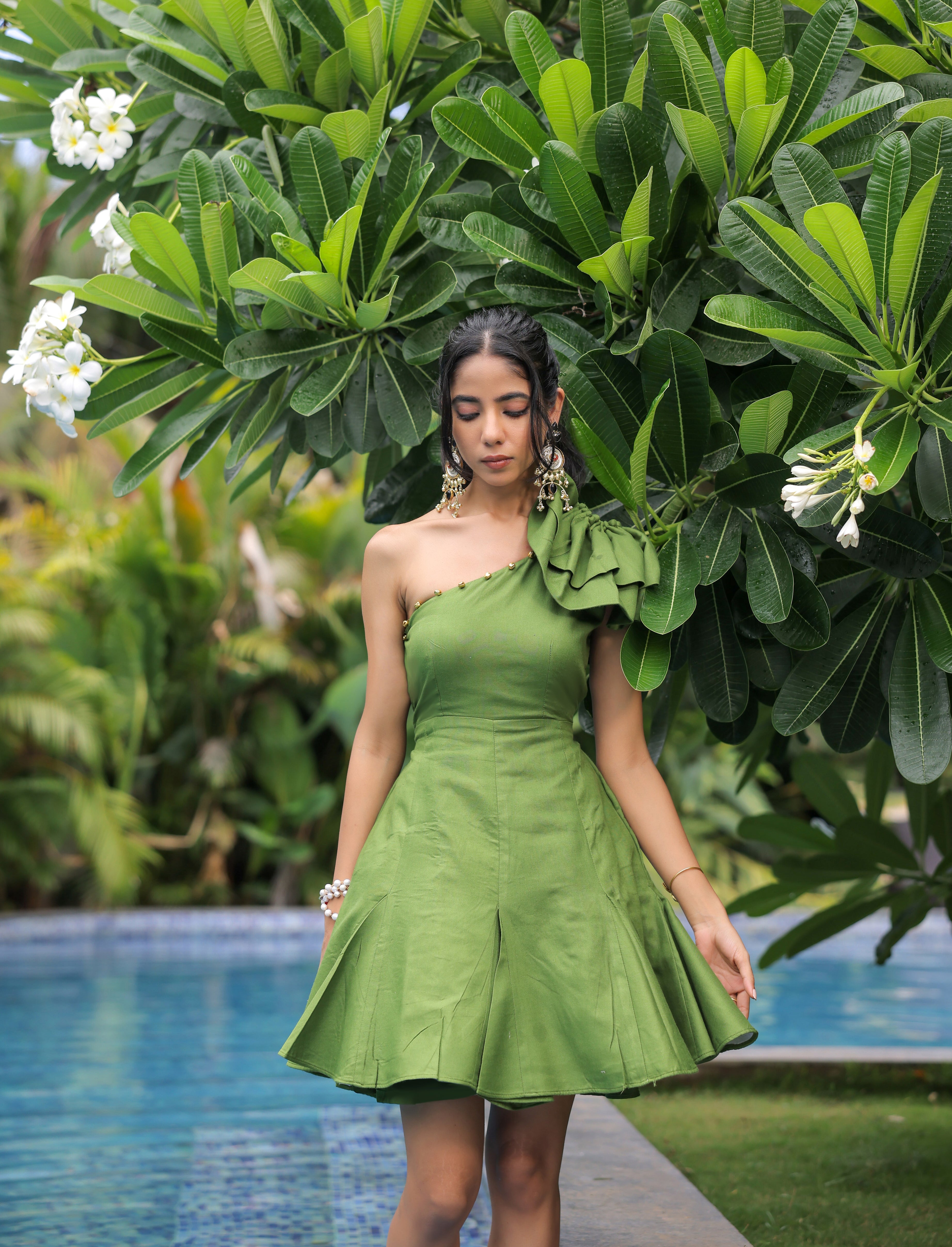 Olive Green One Shoulder Dress