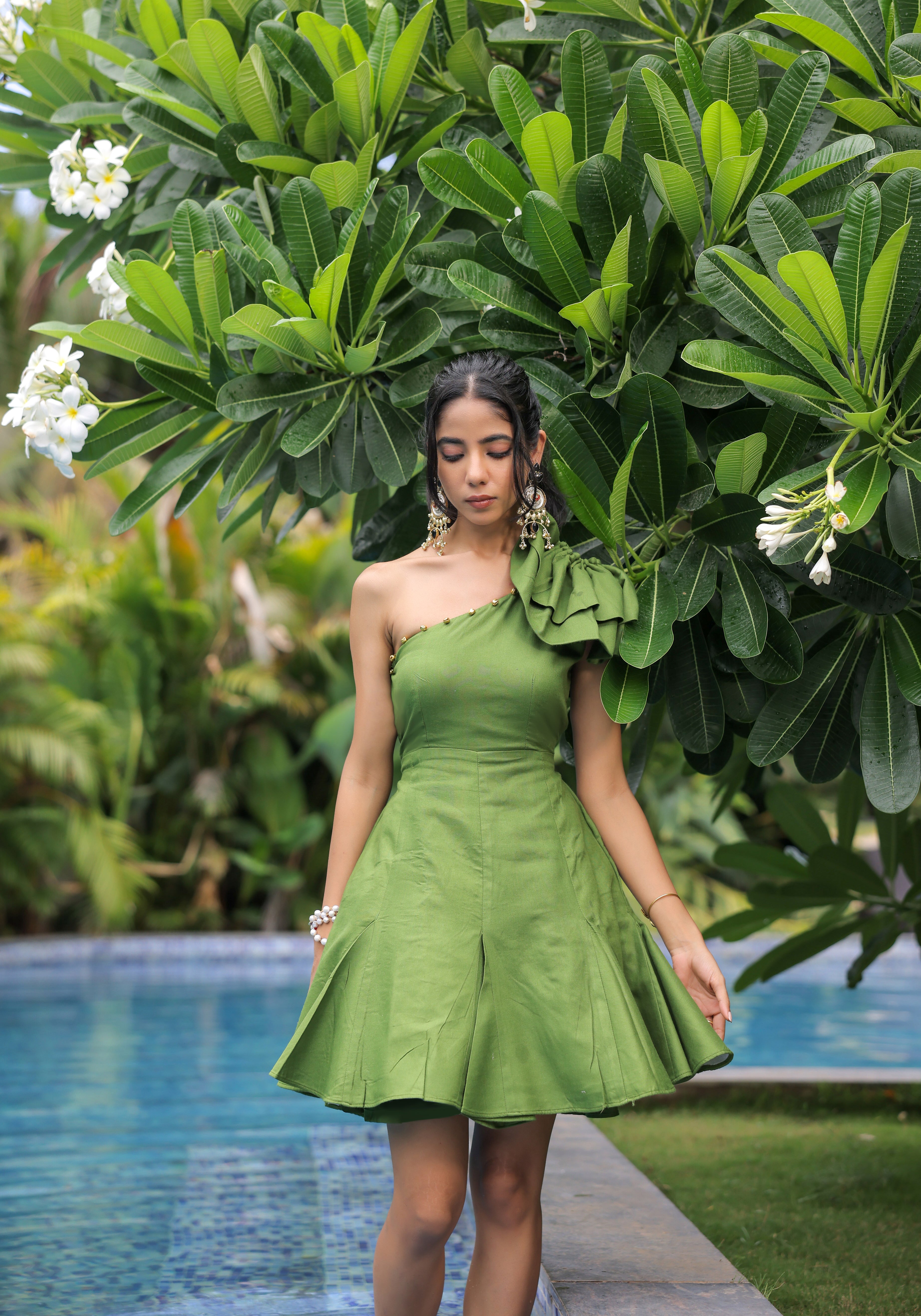 Olive Green One Shoulder Dress