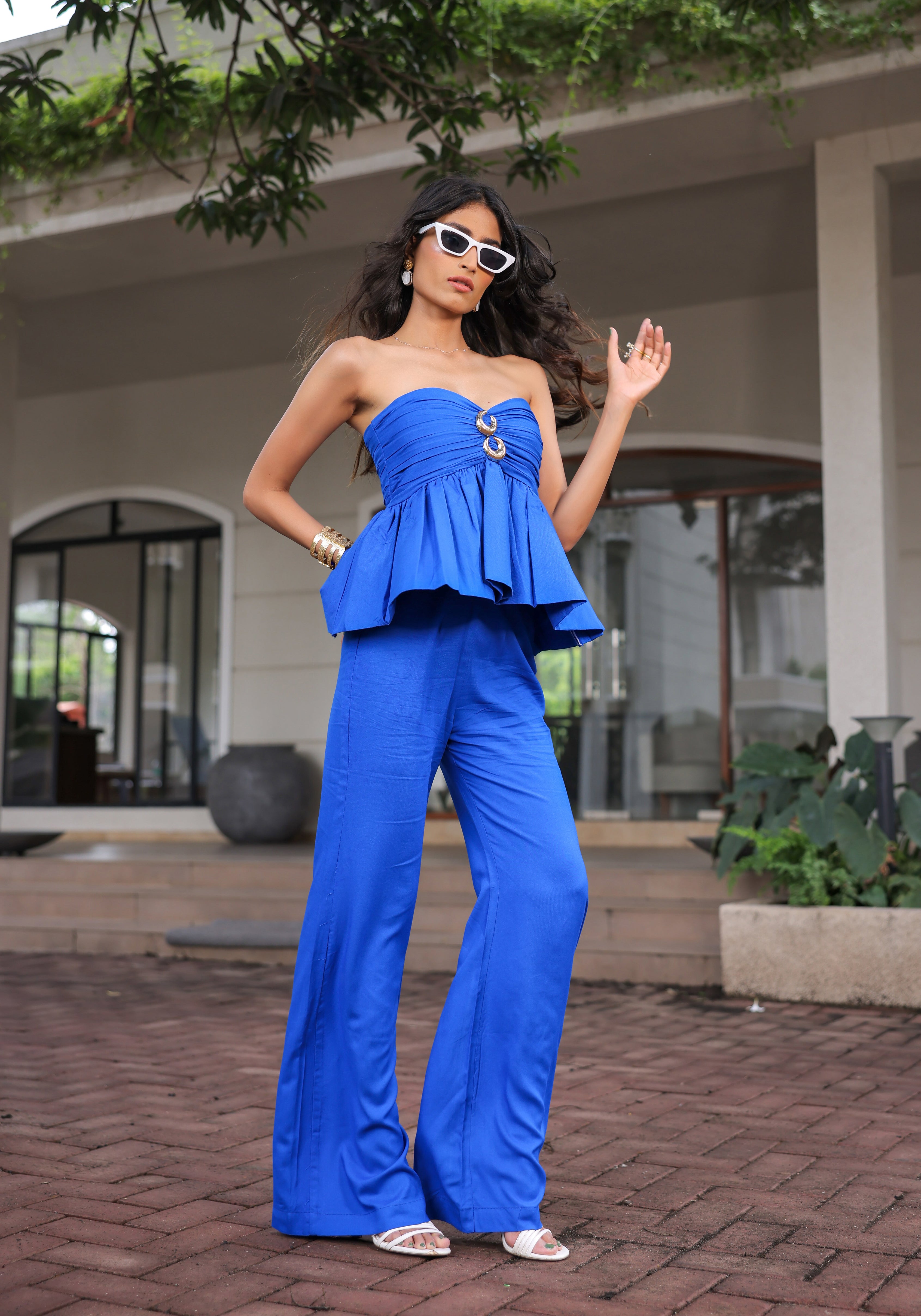 Electric Blue Peplum Top Pant Set