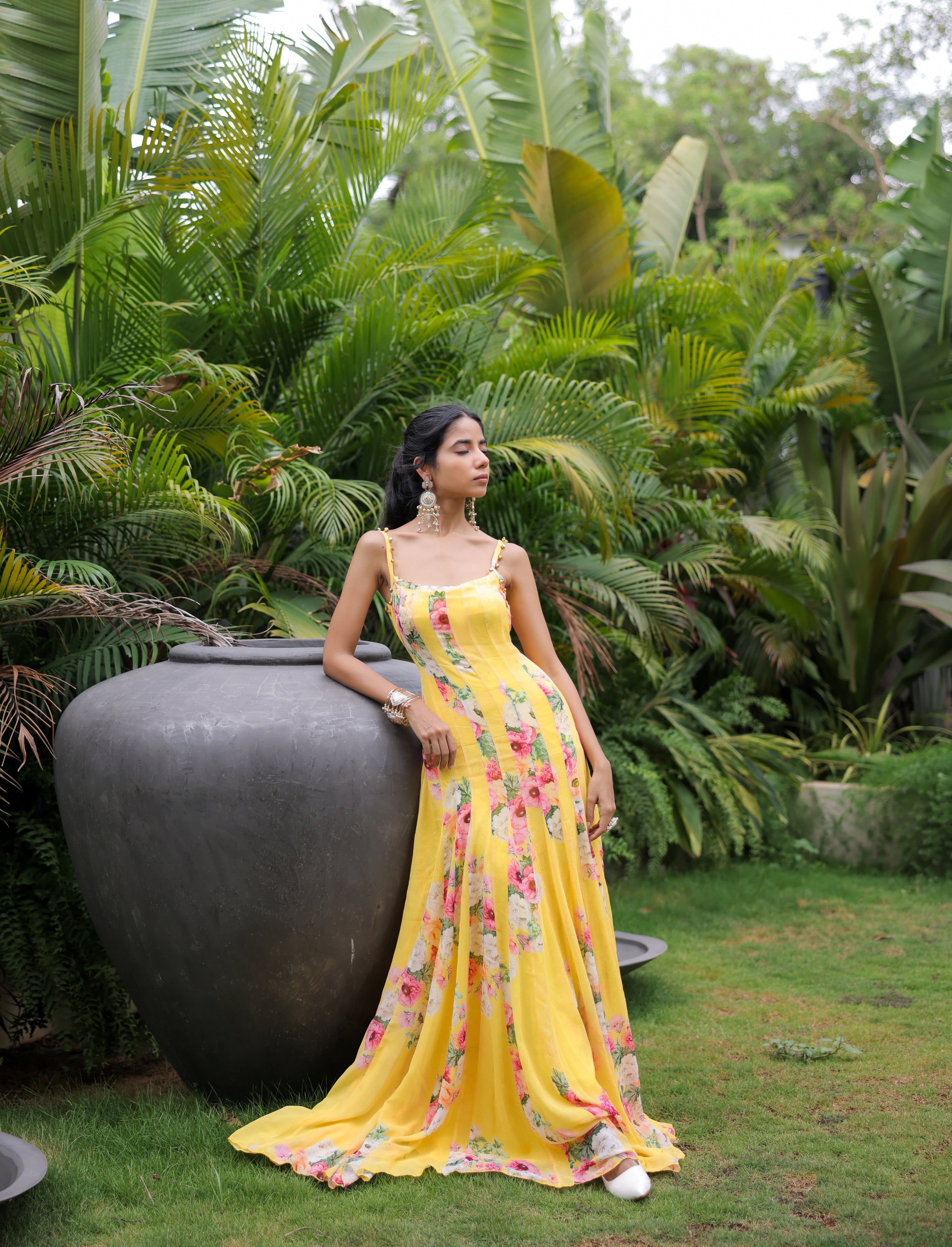 Yellow Floral Printed Pleated Maxi Dress