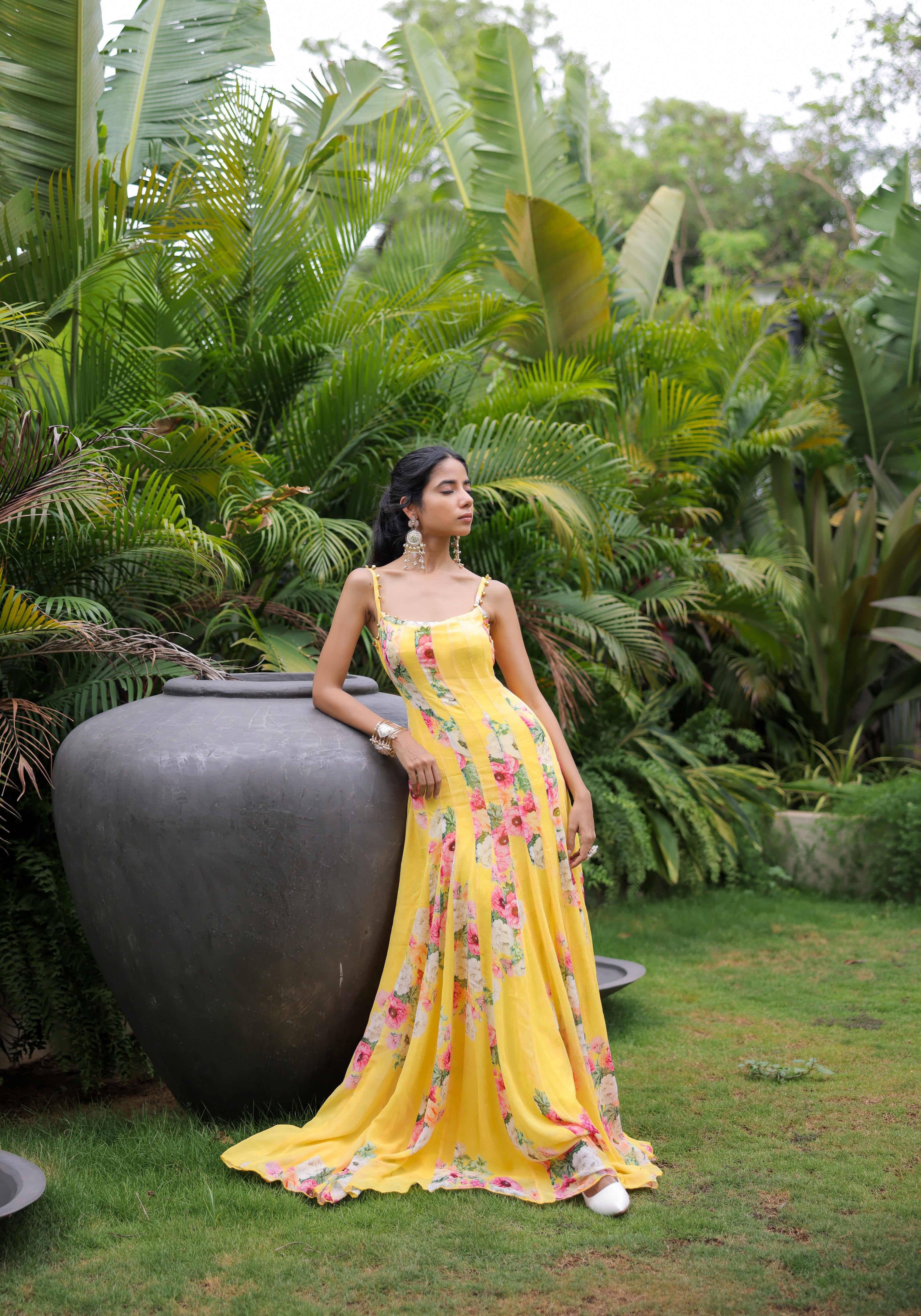 Yellow Floral Printed Pleated Maxi Dress