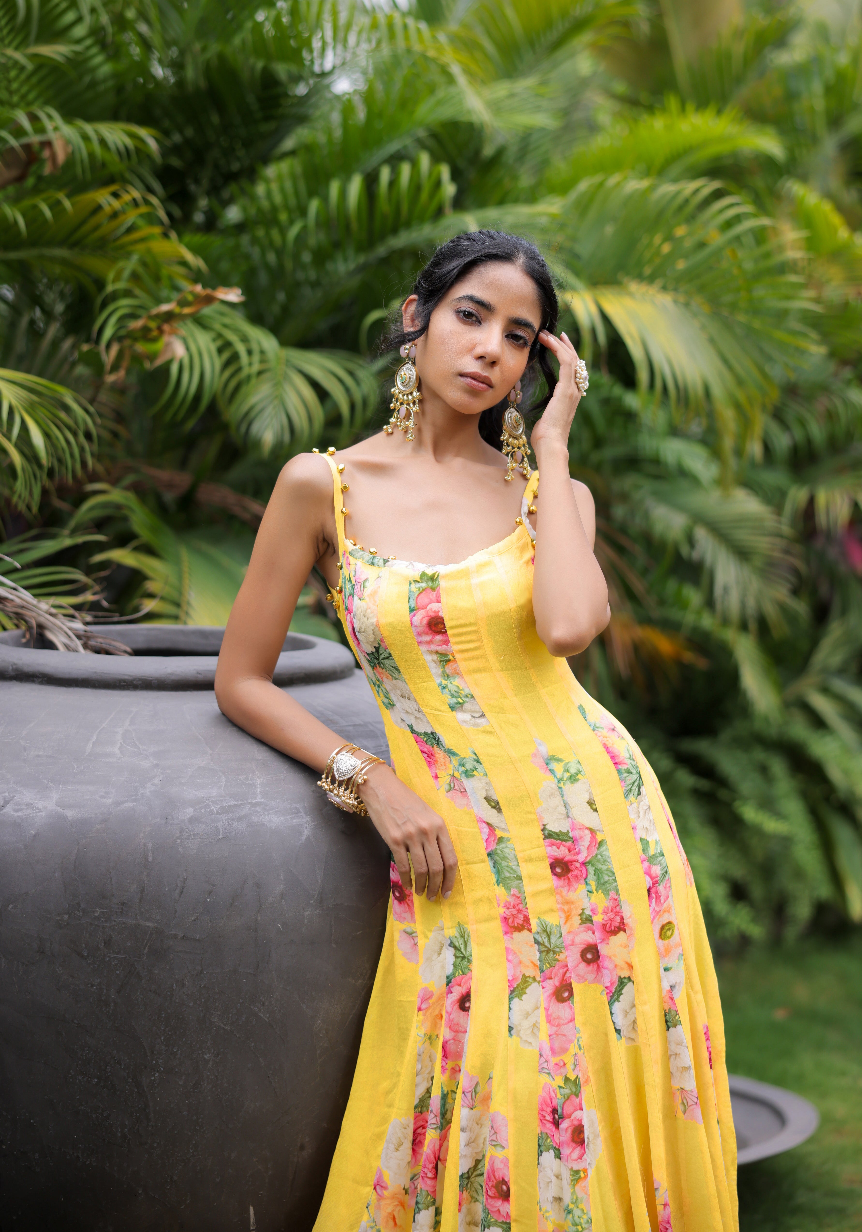 Yellow Floral Printed Pleated Maxi Dress