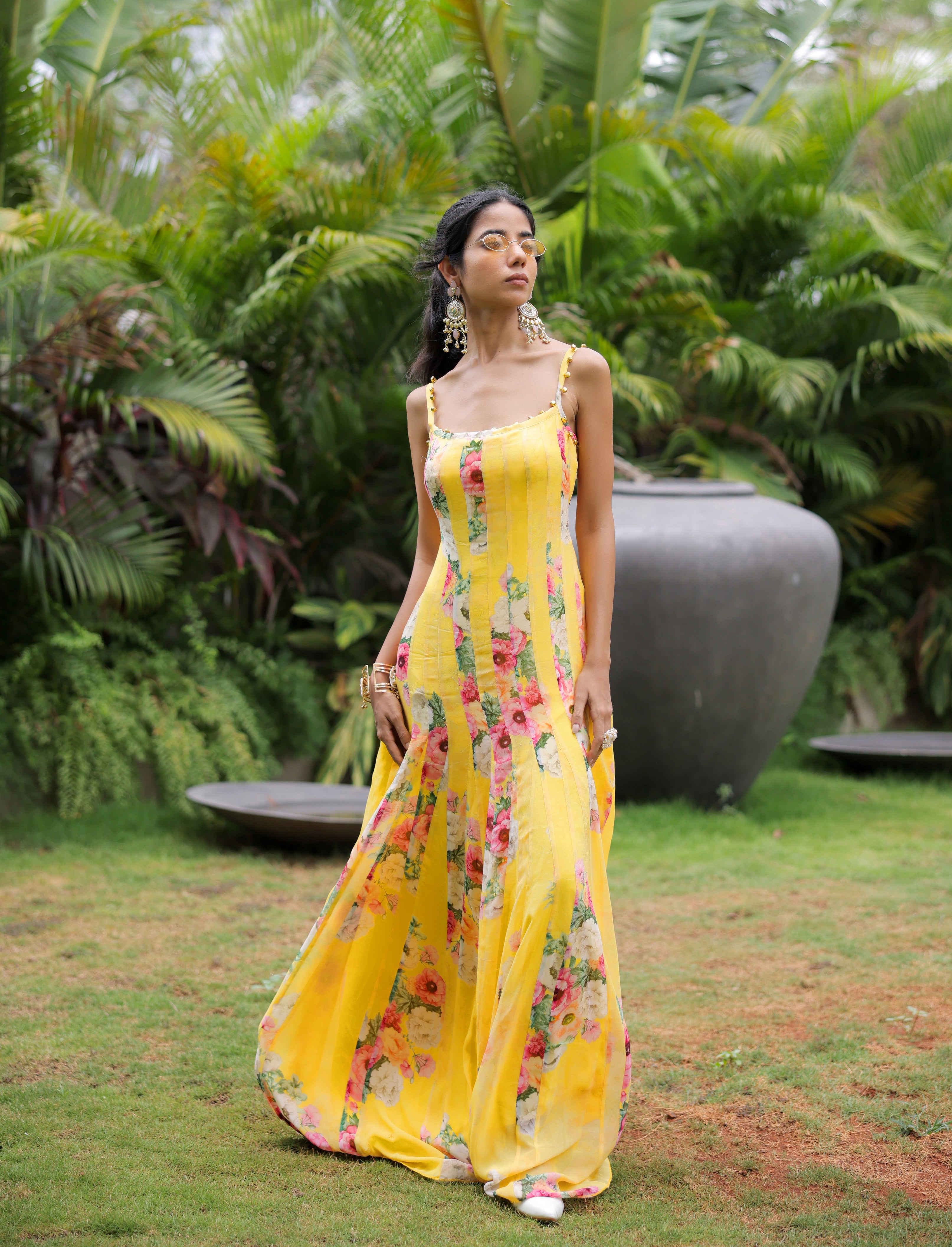 Yellow Floral Printed Pleated Maxi Dress