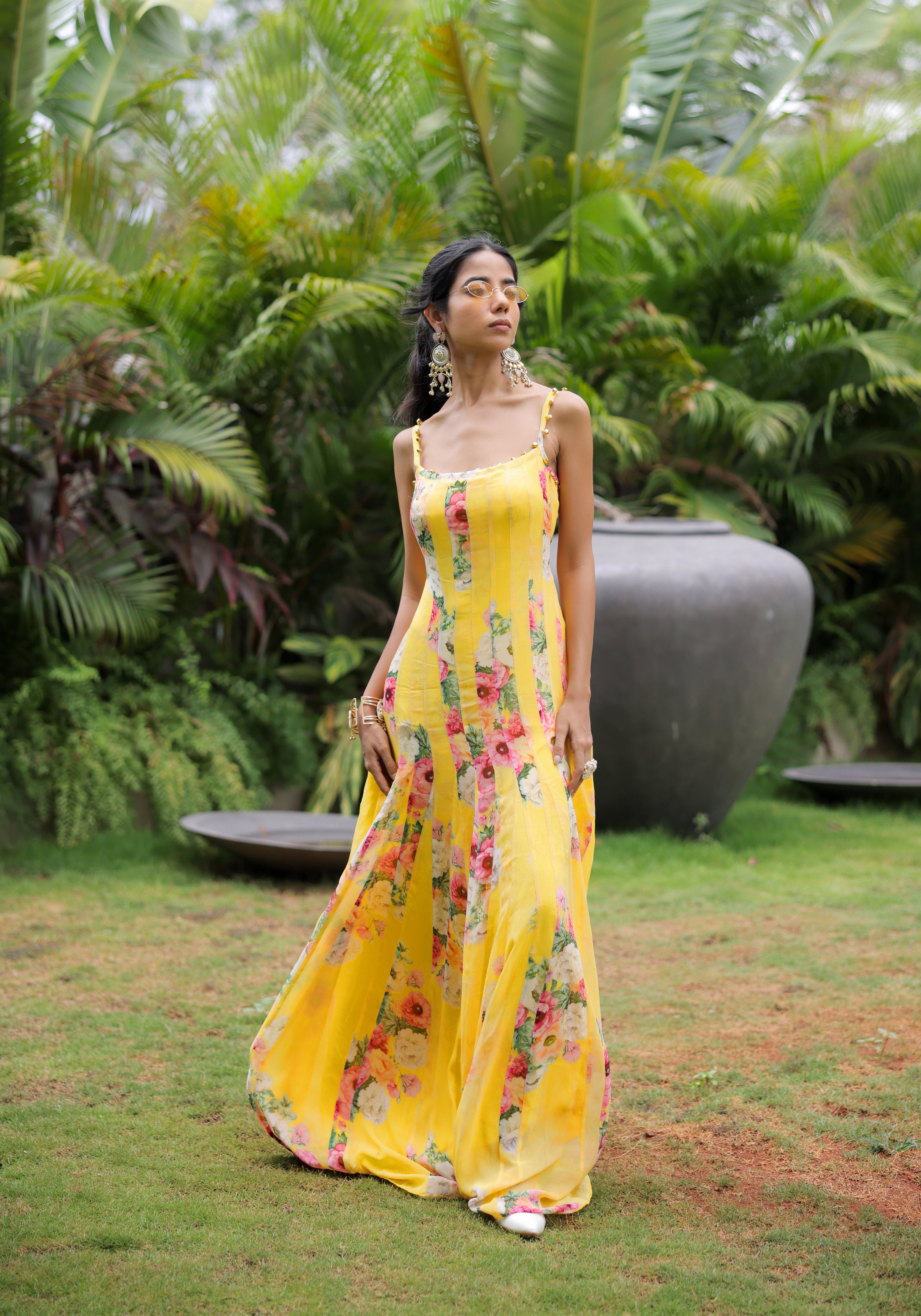 Yellow Floral Printed Pleated Maxi Dress