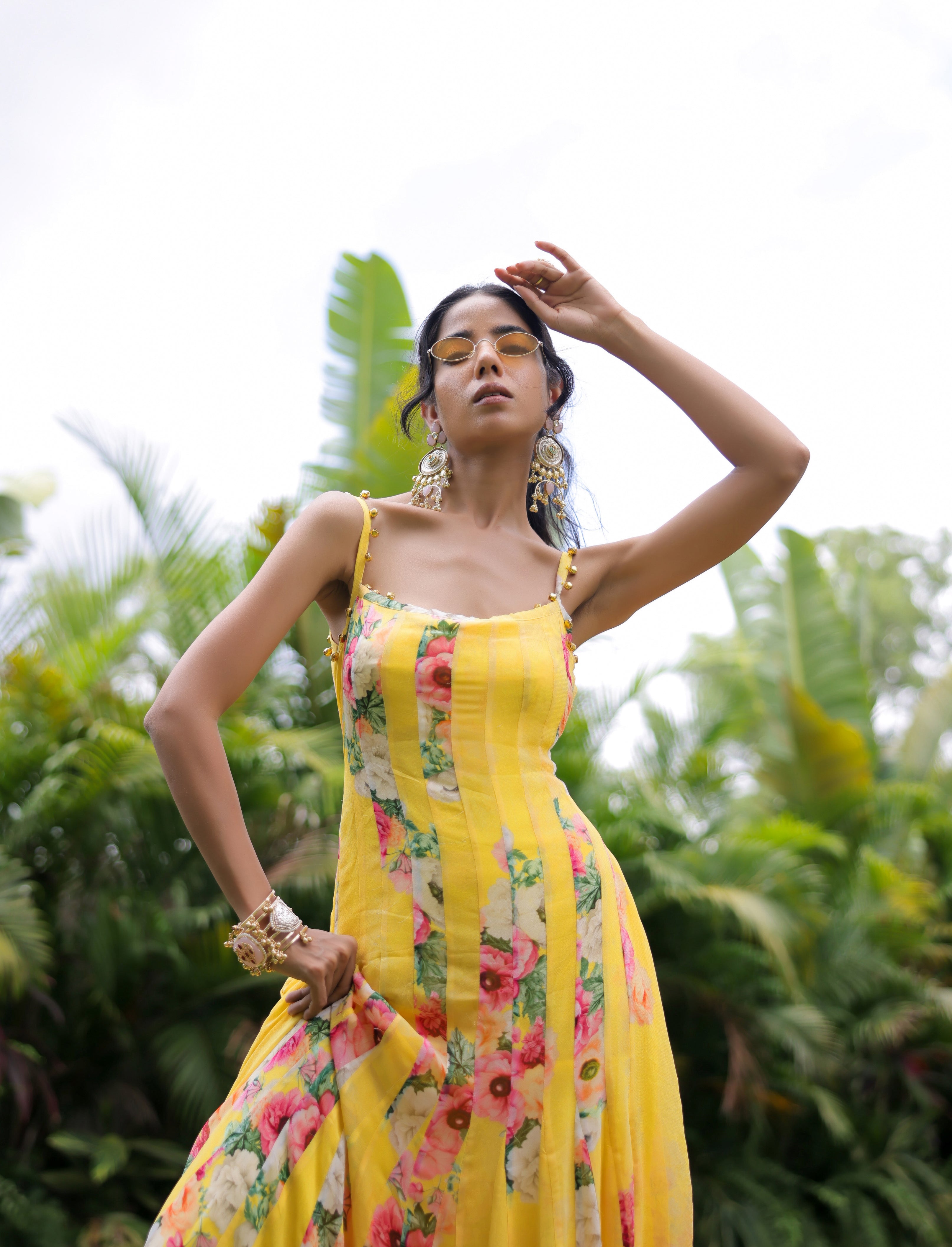 Yellow Floral Printed Pleated Maxi Dress