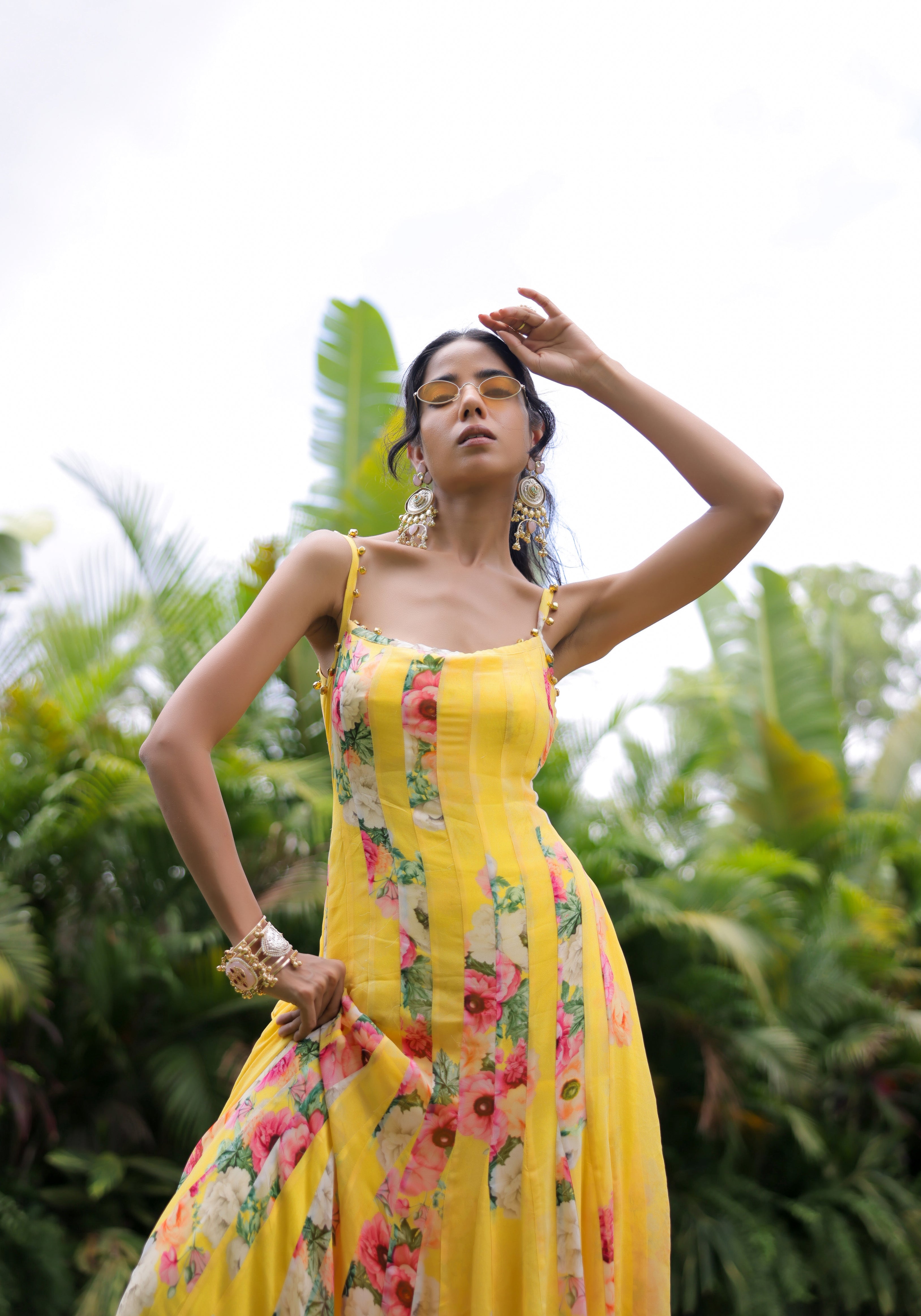 Yellow Floral Printed Pleated Maxi Dress