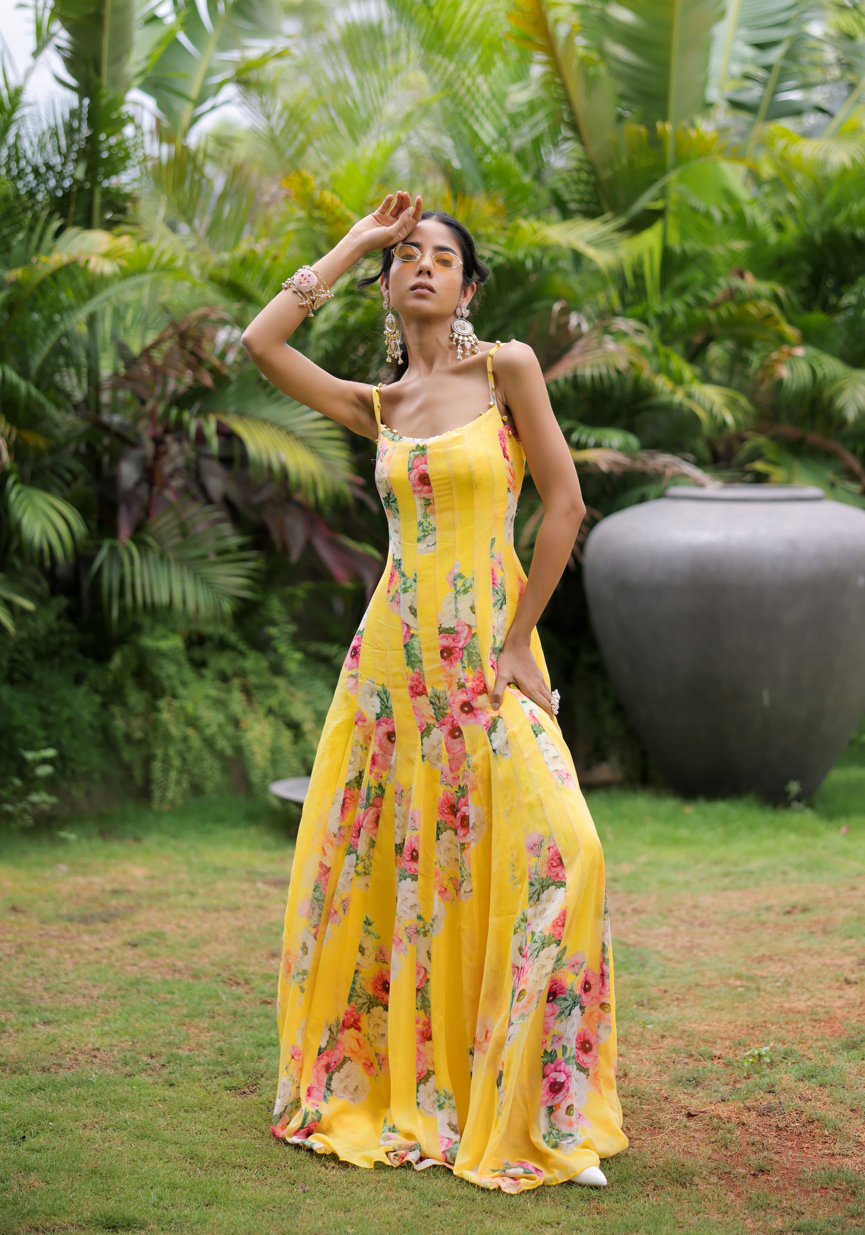 Yellow Floral Printed Pleated Maxi Dress