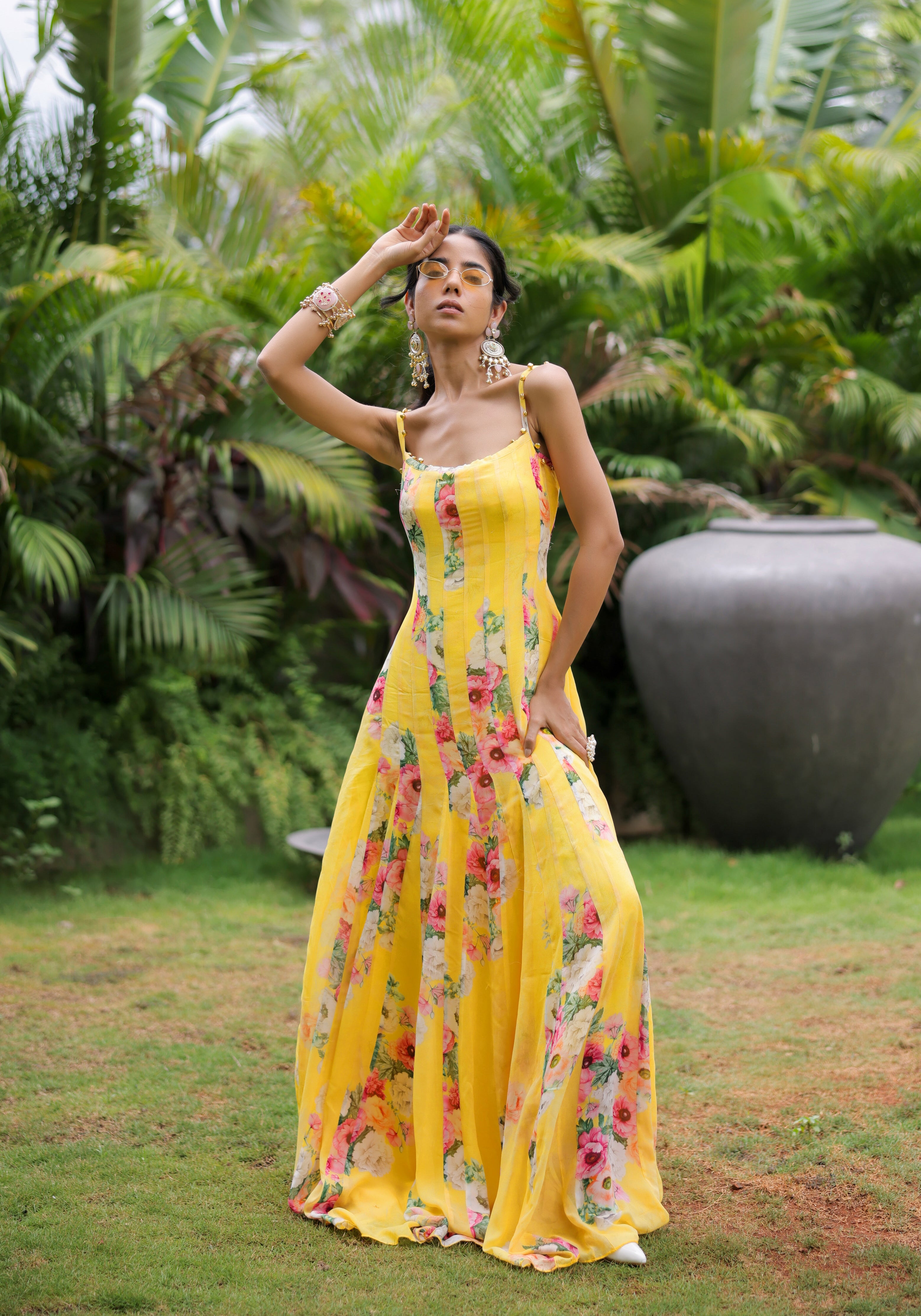 Yellow Floral Printed Pleated Maxi Dress