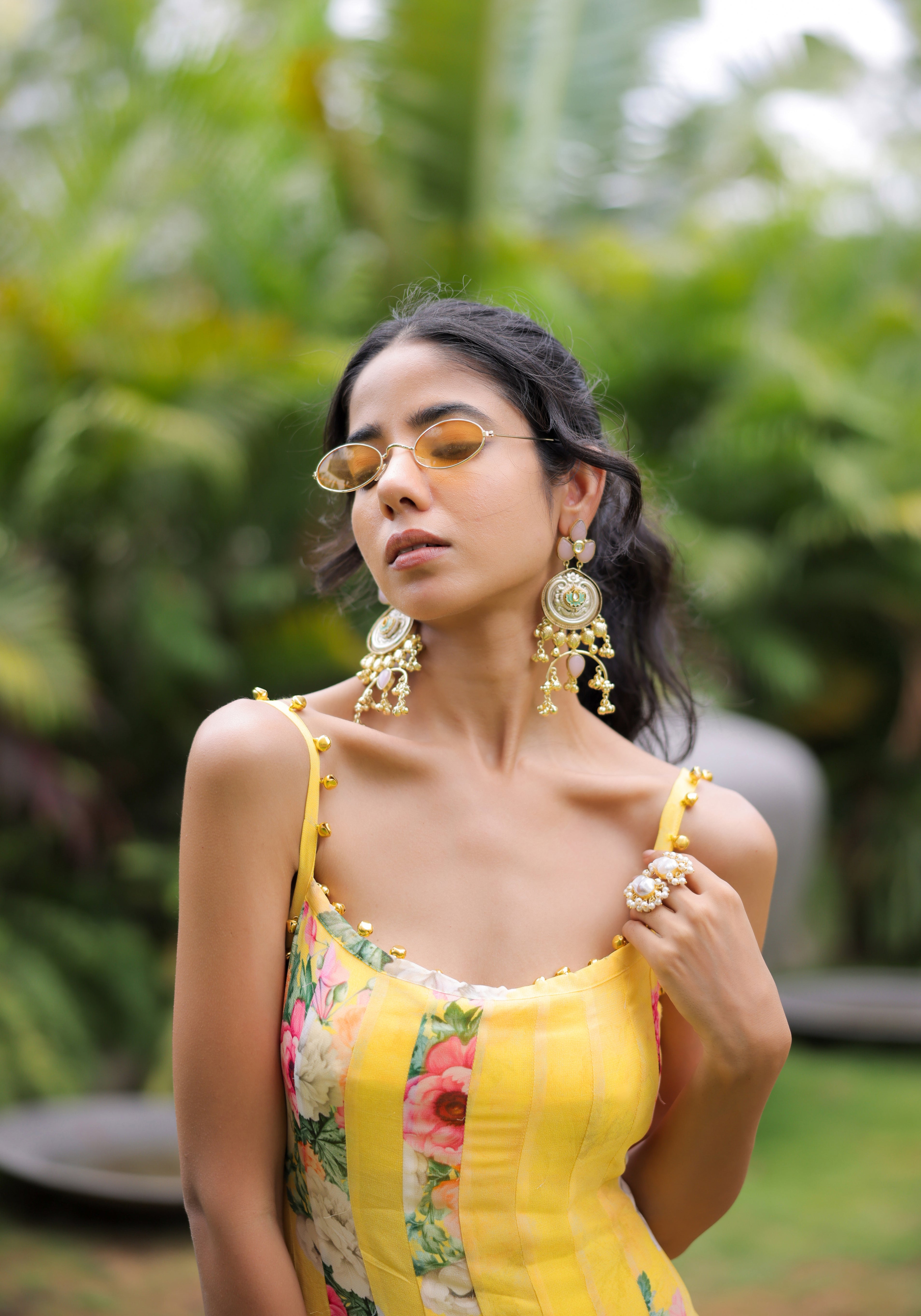 Yellow Floral Printed Pleated Maxi Dress