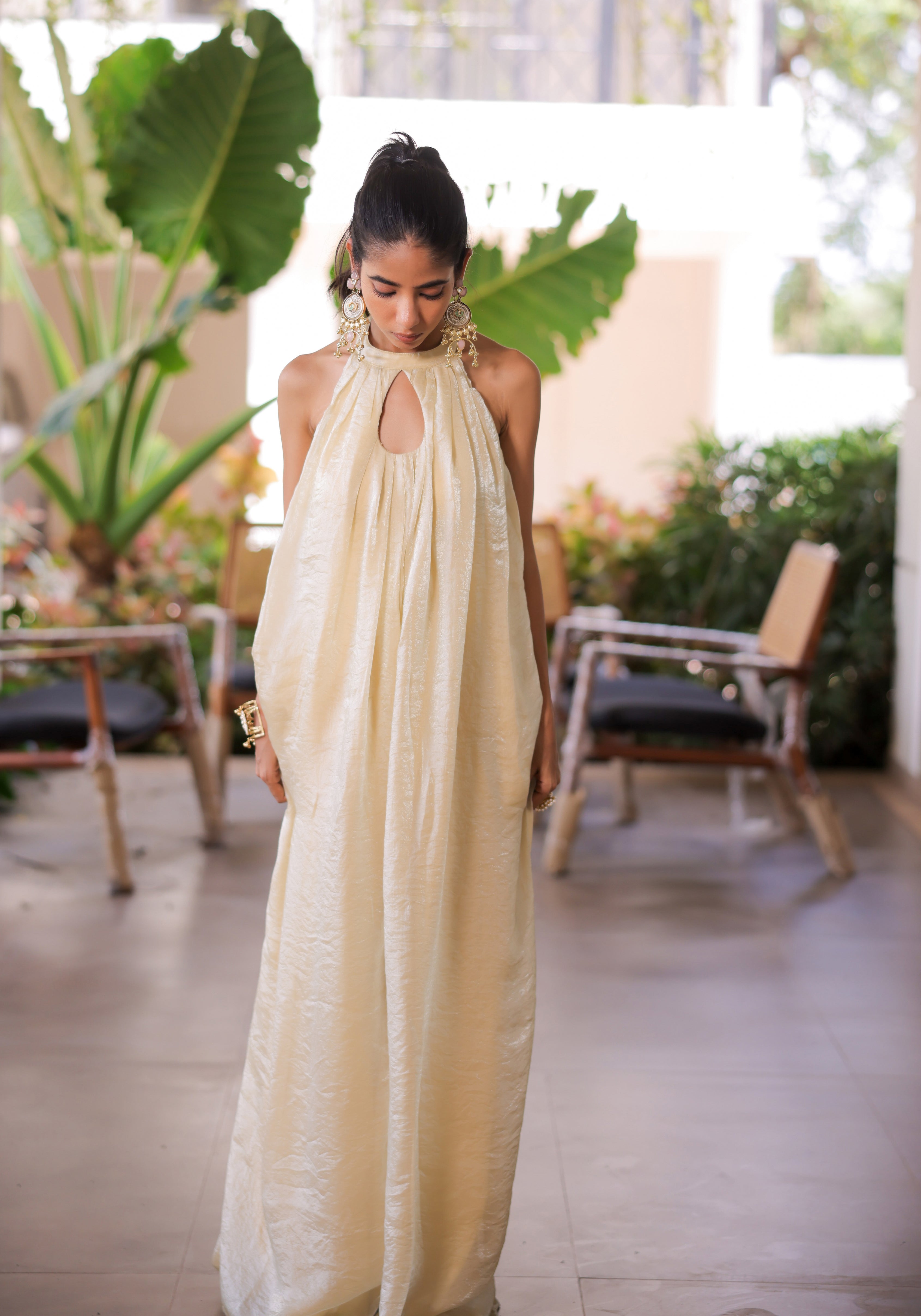 Cream Shimmer Pleated Jumpsuit