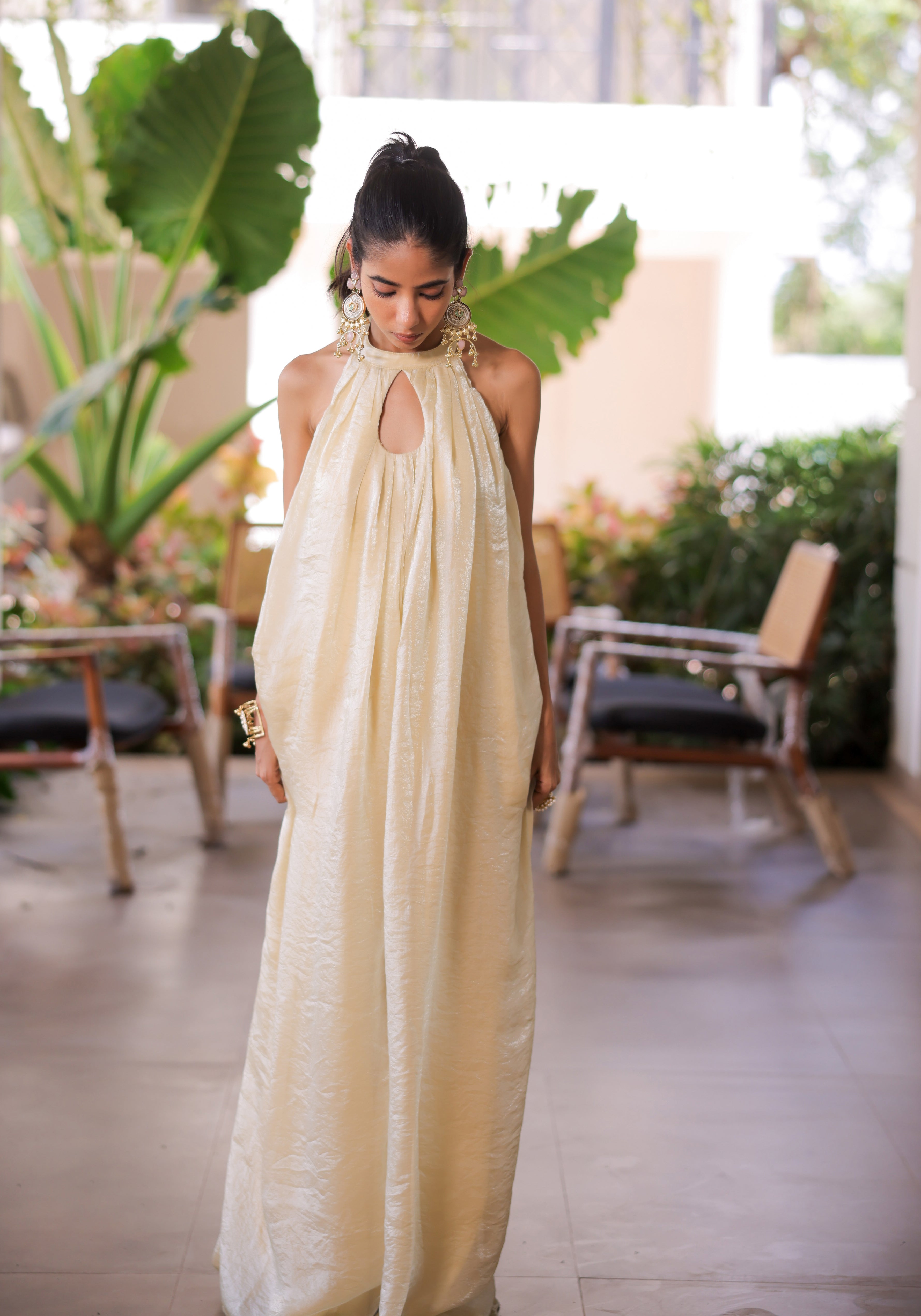 Cream Shimmer Pleated Jumpsuit