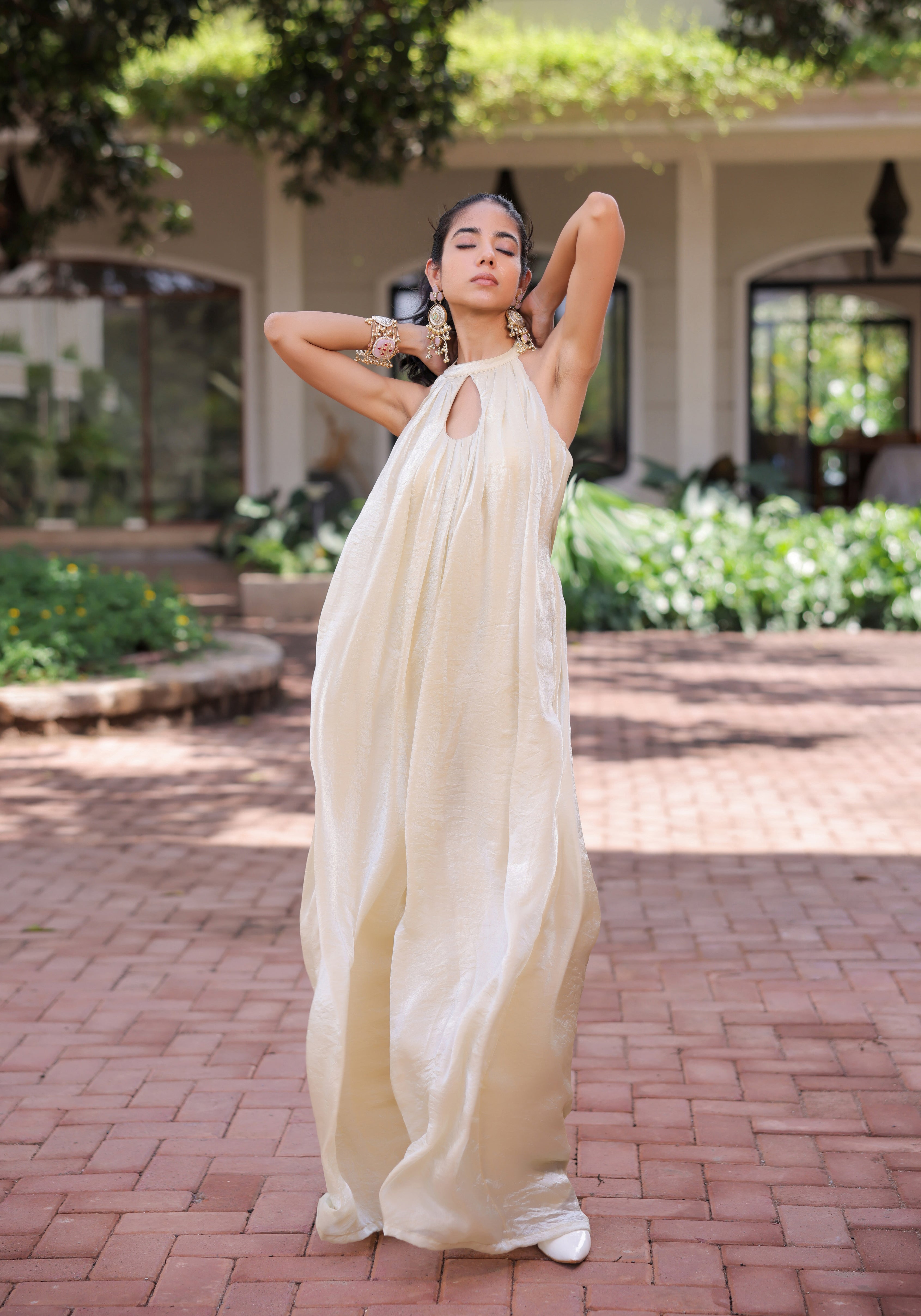 Cream Shimmer Pleated Jumpsuit