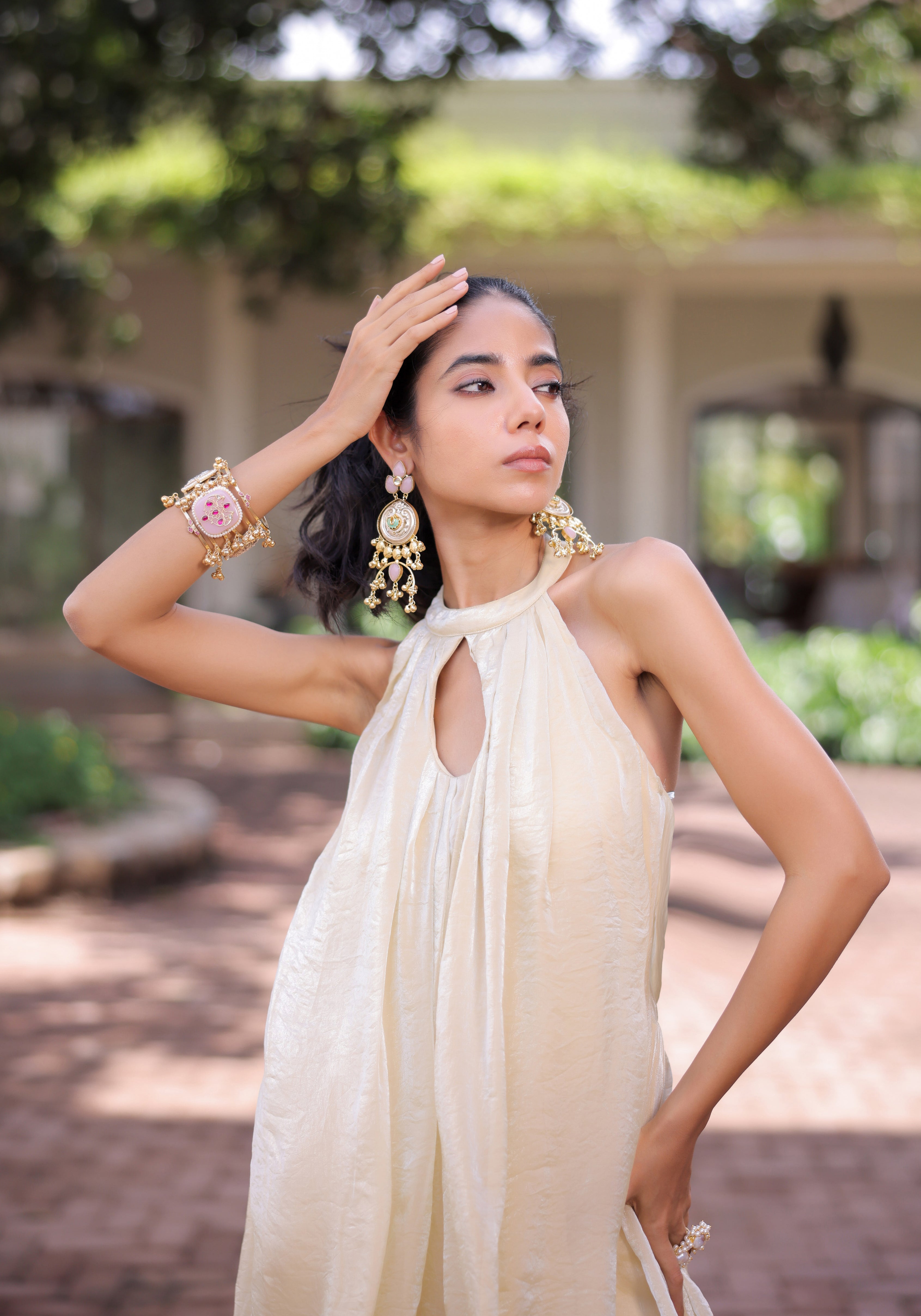 Cream Shimmer Pleated Jumpsuit