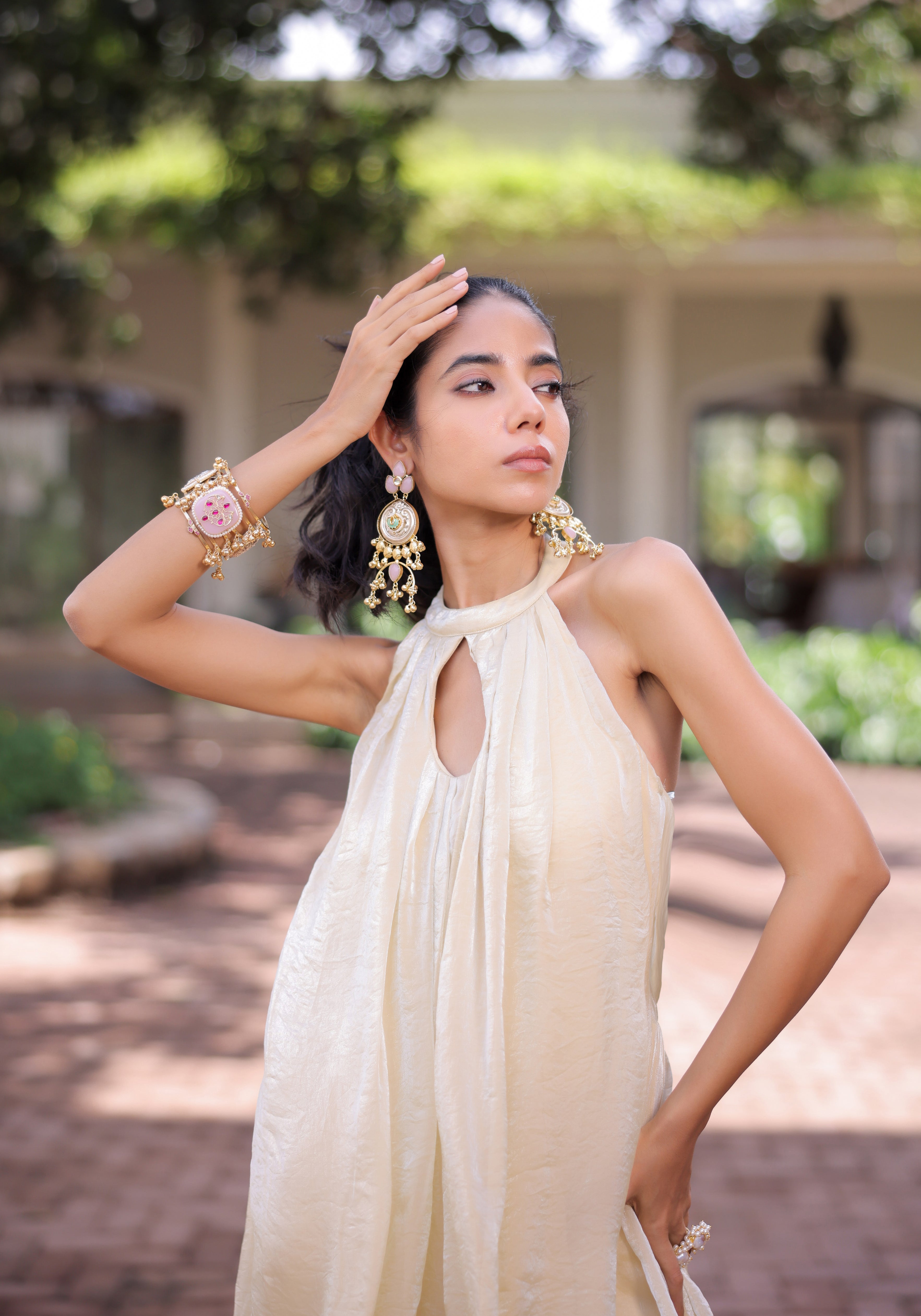 Cream Shimmer Pleated Jumpsuit