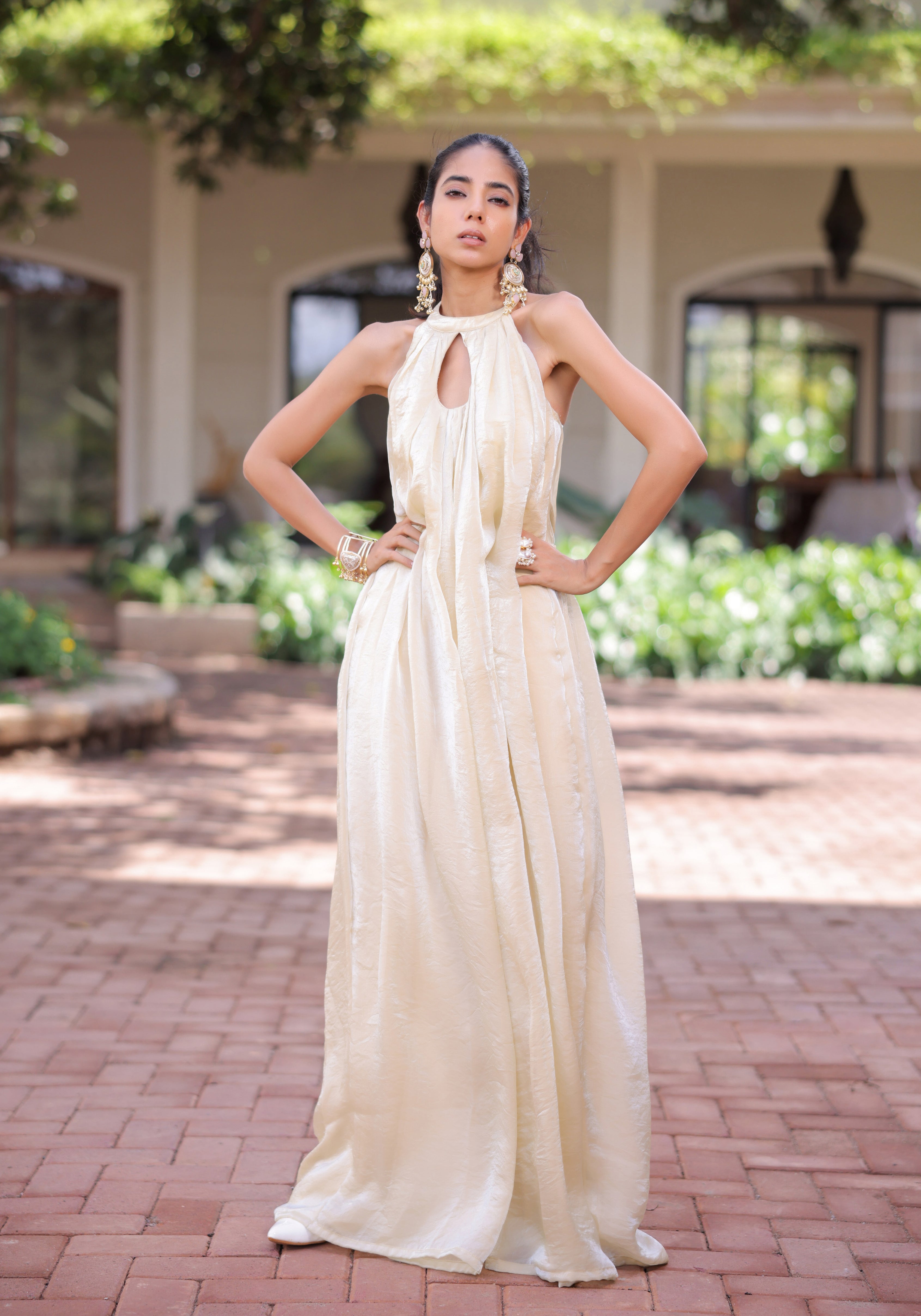 Cream Shimmer Pleated Jumpsuit