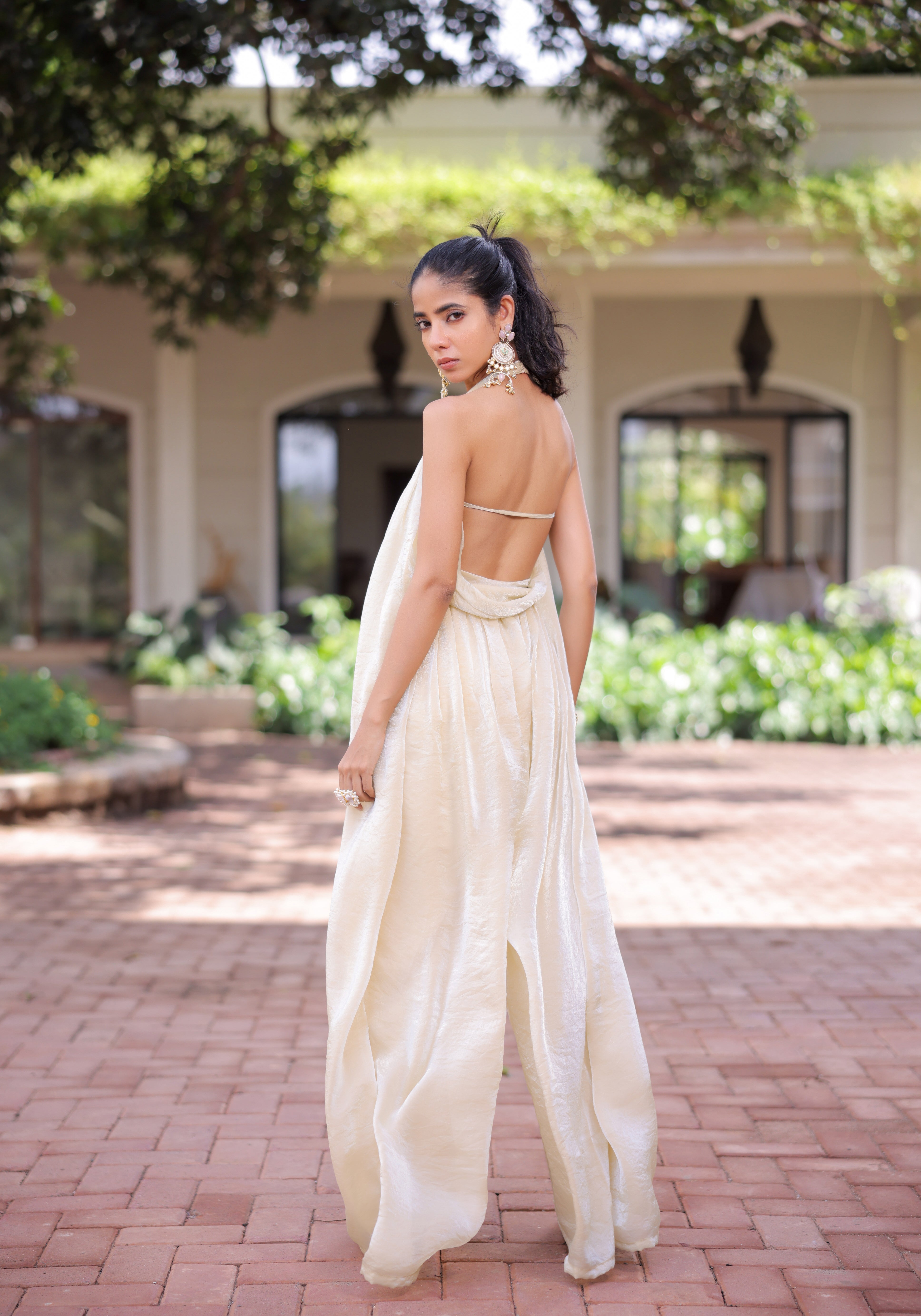 Cream Shimmer Pleated Jumpsuit