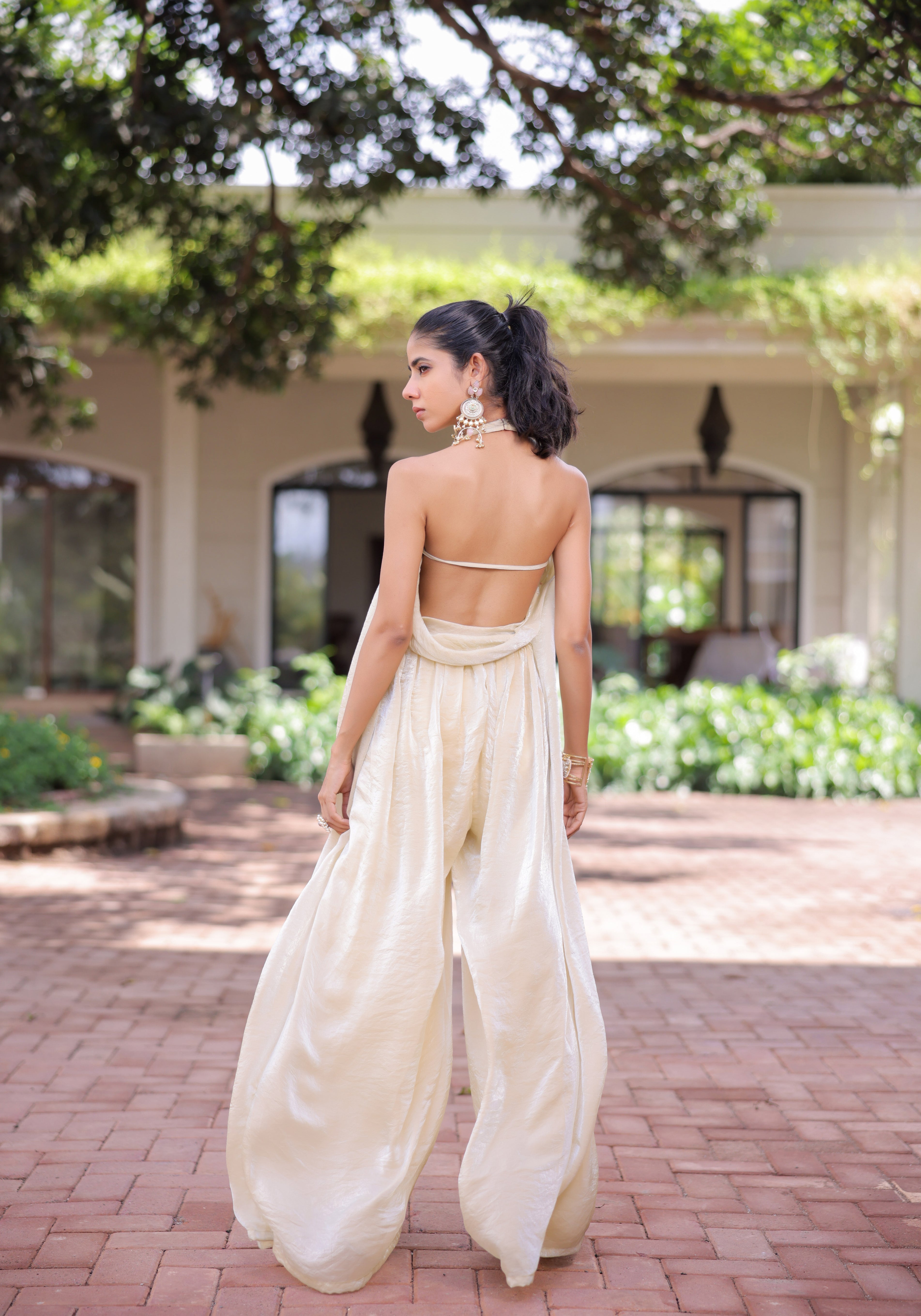 Cream Shimmer Pleated Jumpsuit