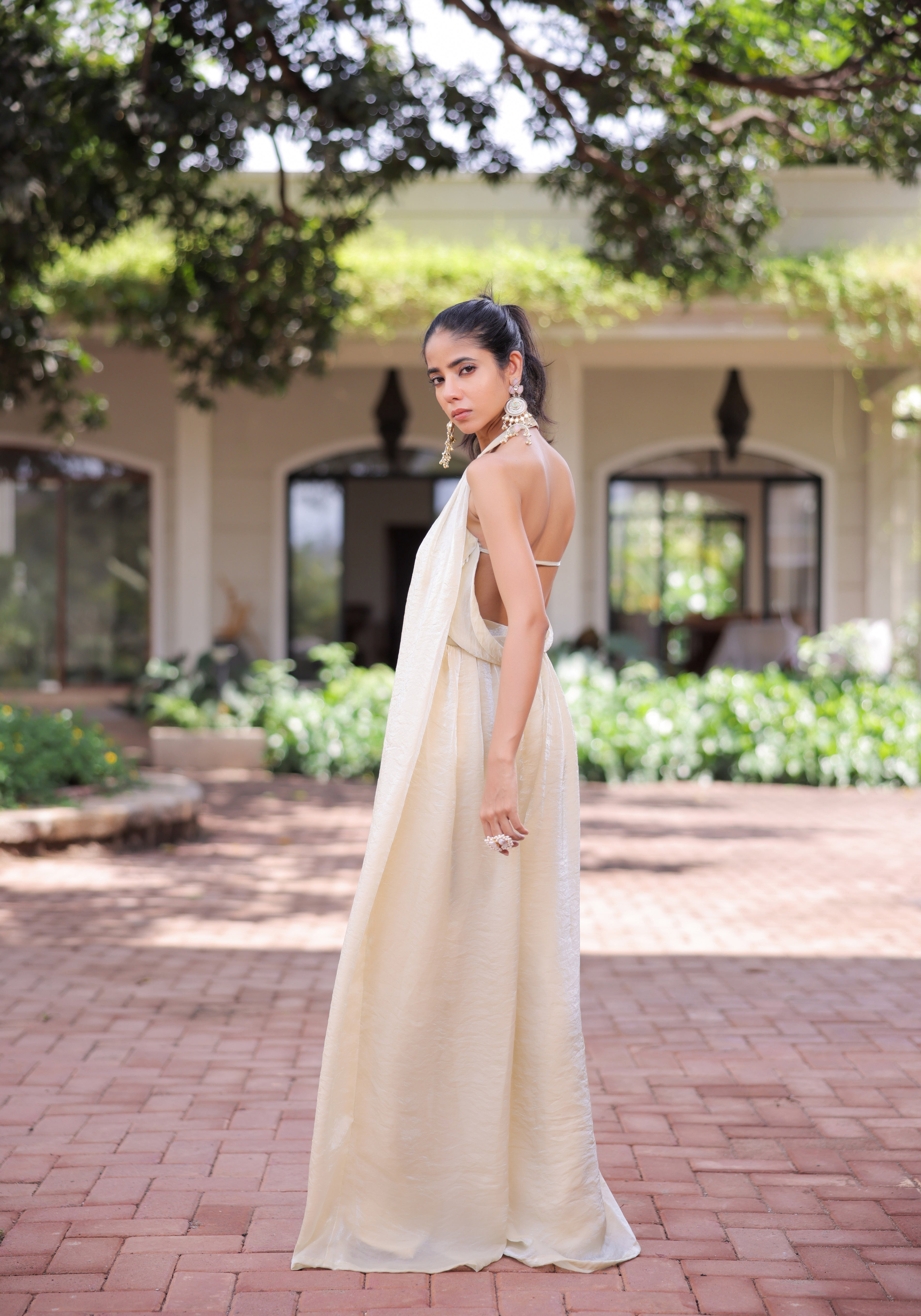 Cream Shimmer Pleated Jumpsuit