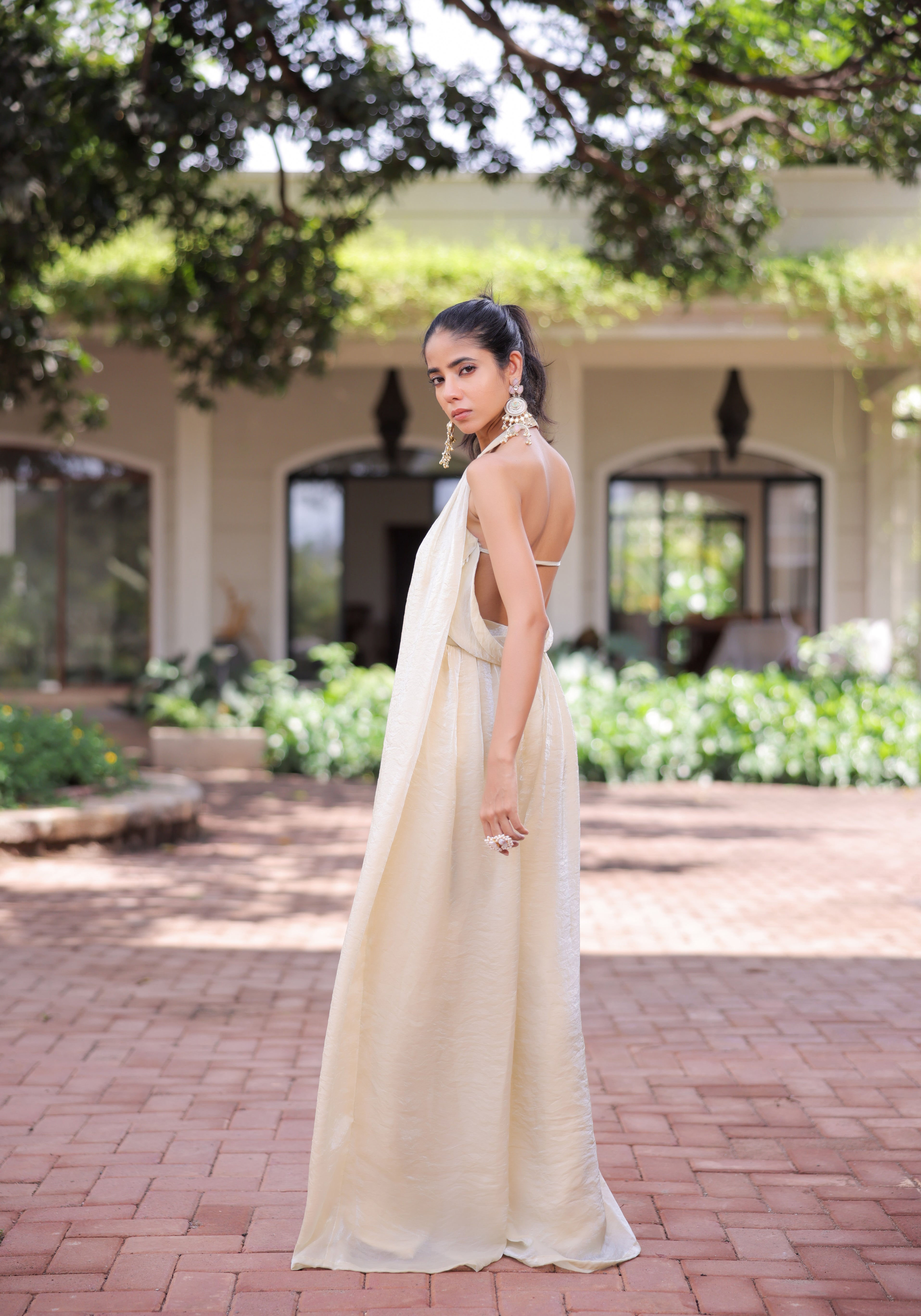 Cream Shimmer Pleated Jumpsuit